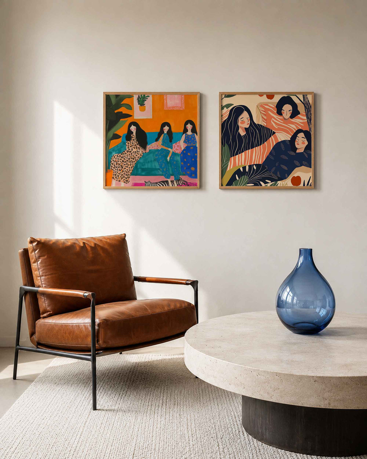 Interieurpresentatie van een tweedelige vierkante posterset met vrouwenportretten