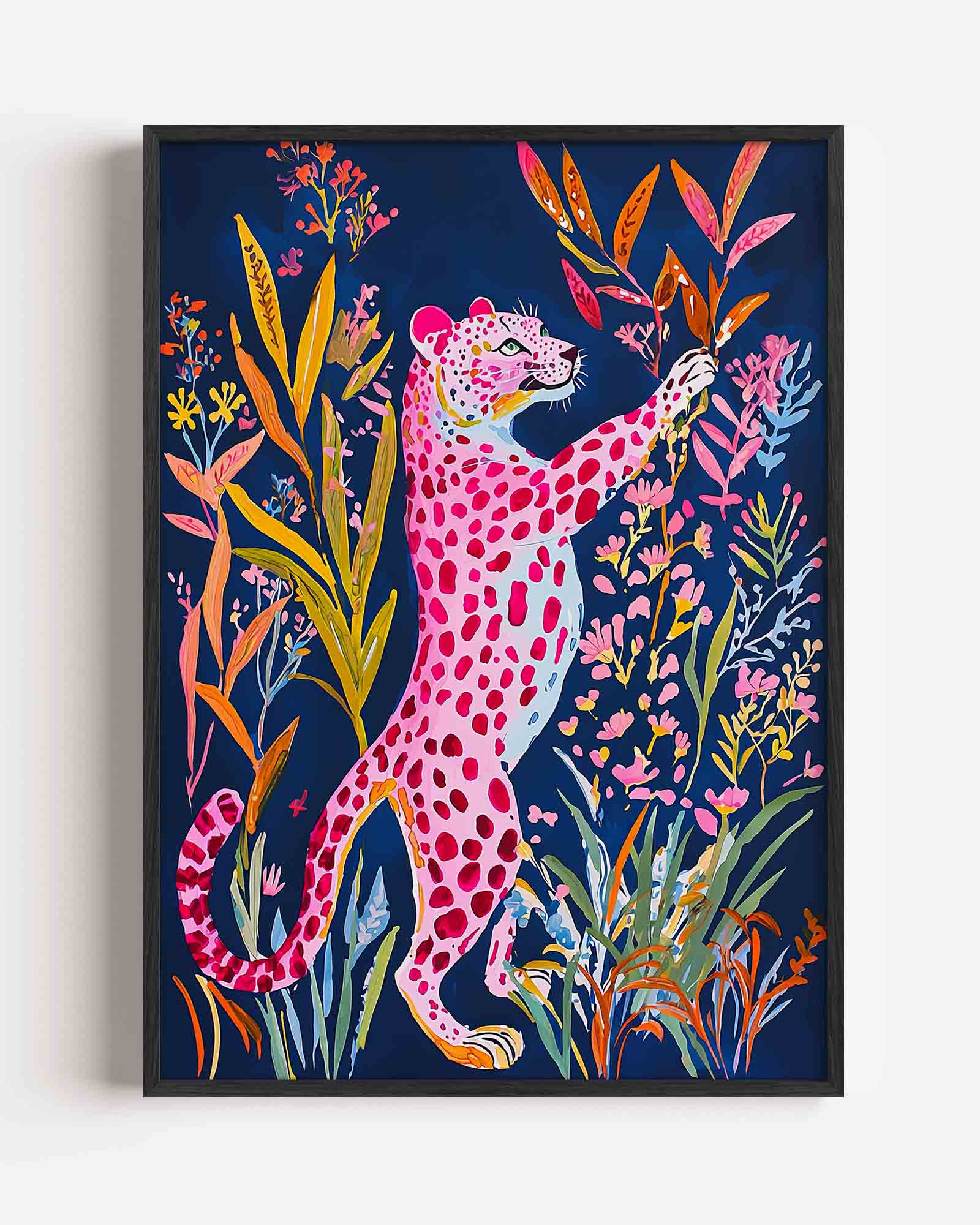 Roze luipaard met bloemen Poster