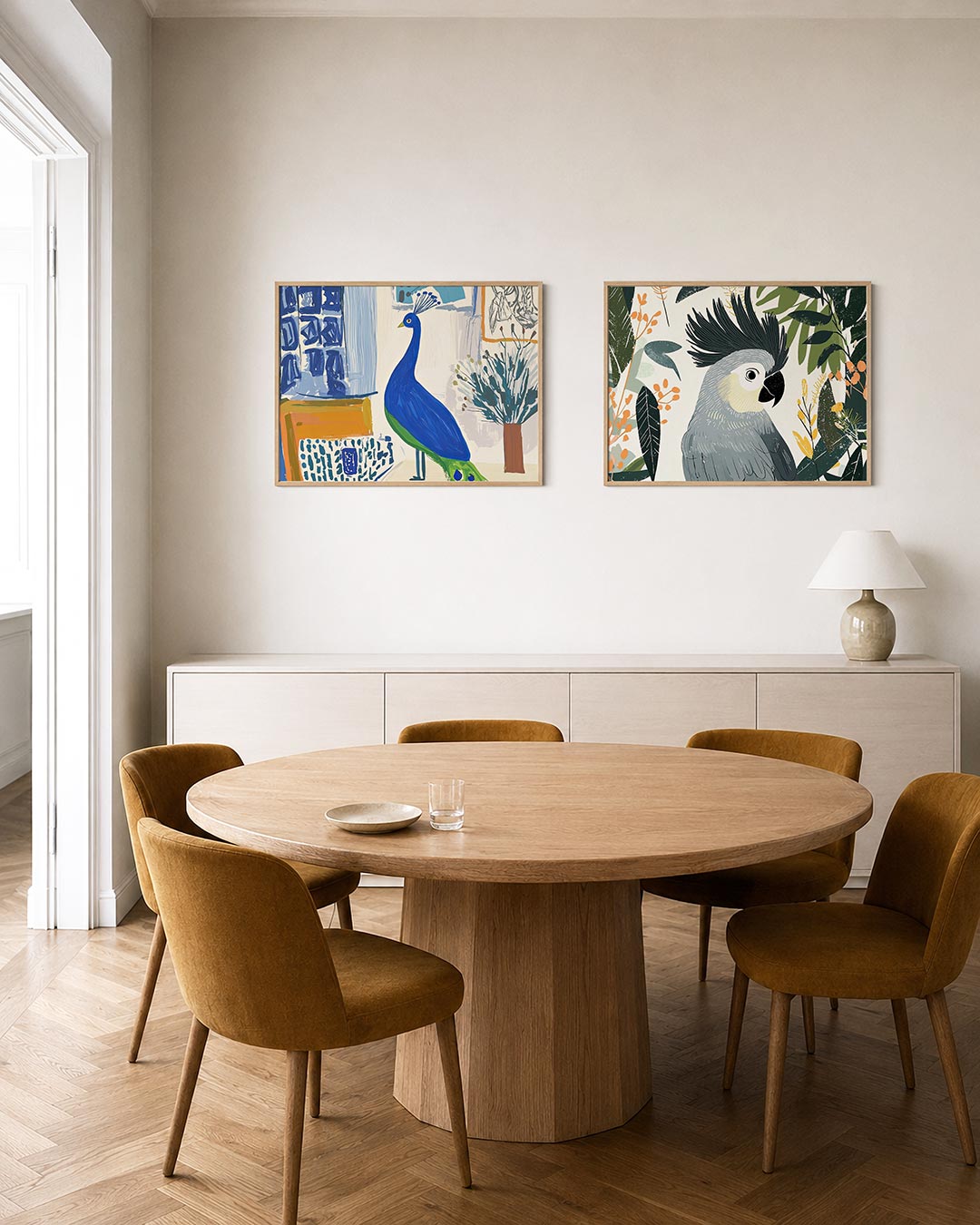 Interieurpresentatie van twee posters met een levendige pauw in blauw en groen, omringd door abstracte vormen en patronen