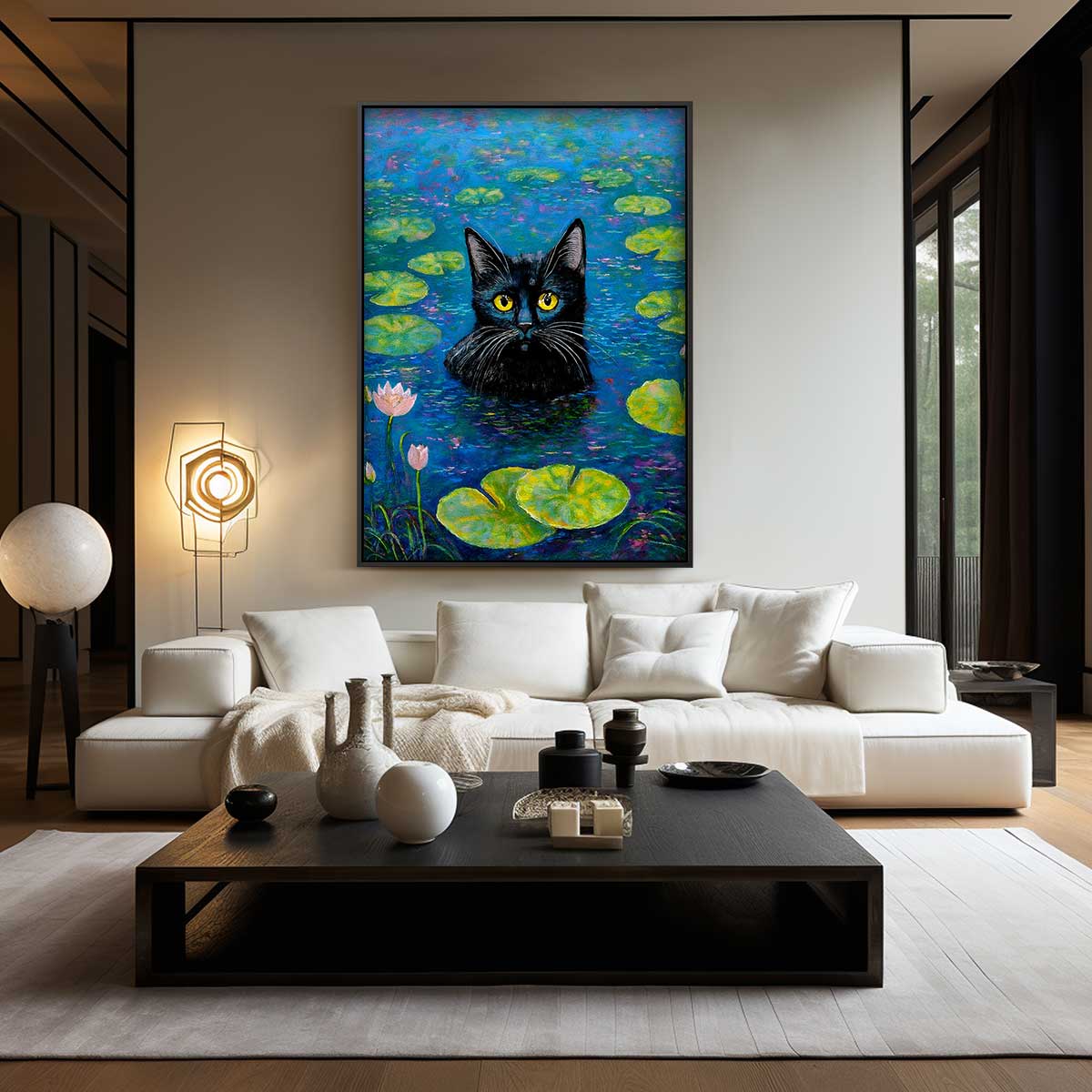 Katze im Seerosen-Kunstwerk