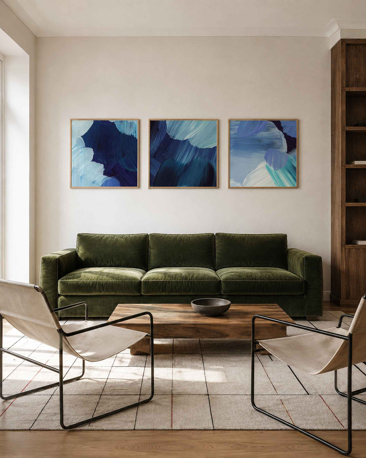 Interieurpresentatie van een driedelige vierkante posterset met blauwe penseelstreken