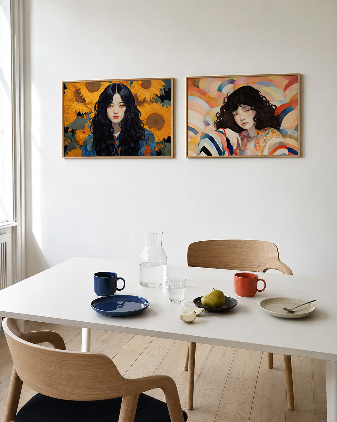 Interieurpresentatie van twee posters met een vrouw met donkere golvende haren centraal, omringd door levendige zonnebloemen