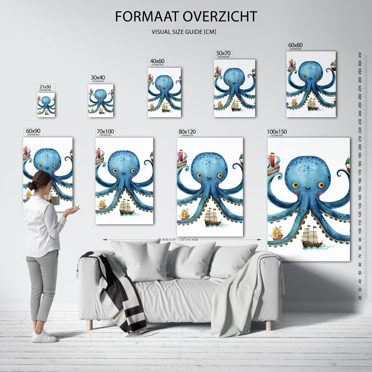 Blauwe octopus met schepen Poster