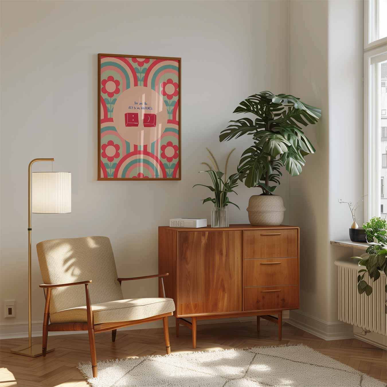 Retro Bloemen en Sleutel Poster-WallArtistic