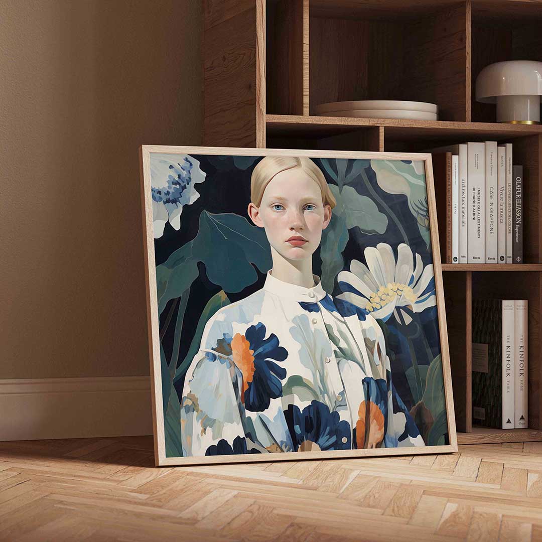 Vrouw met bloemenachtergrond Poster