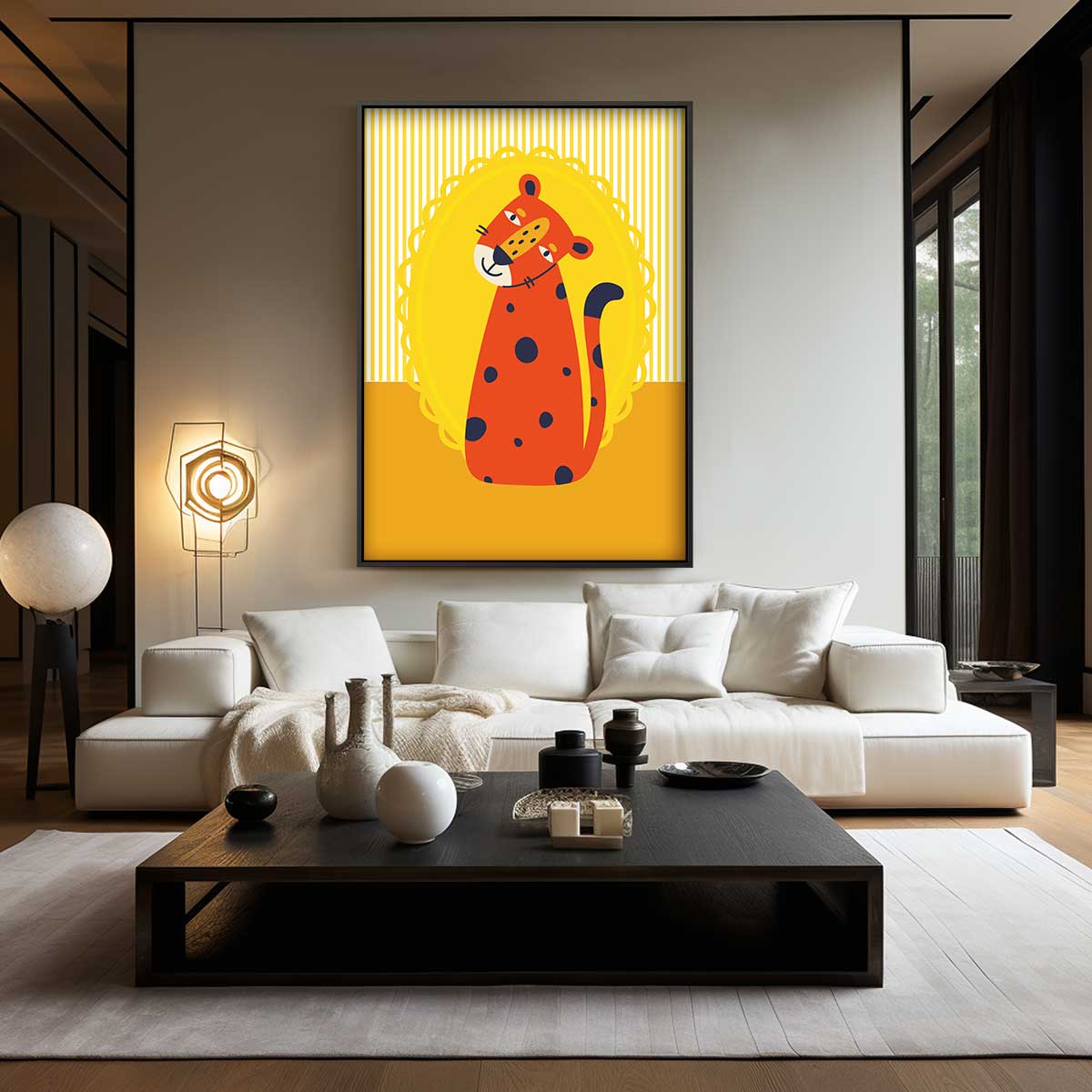 Vrolijke Cheetah op Geel Kunstwerk-canvas-dibond-plexiglas-wanddecoratie-WallArtistic