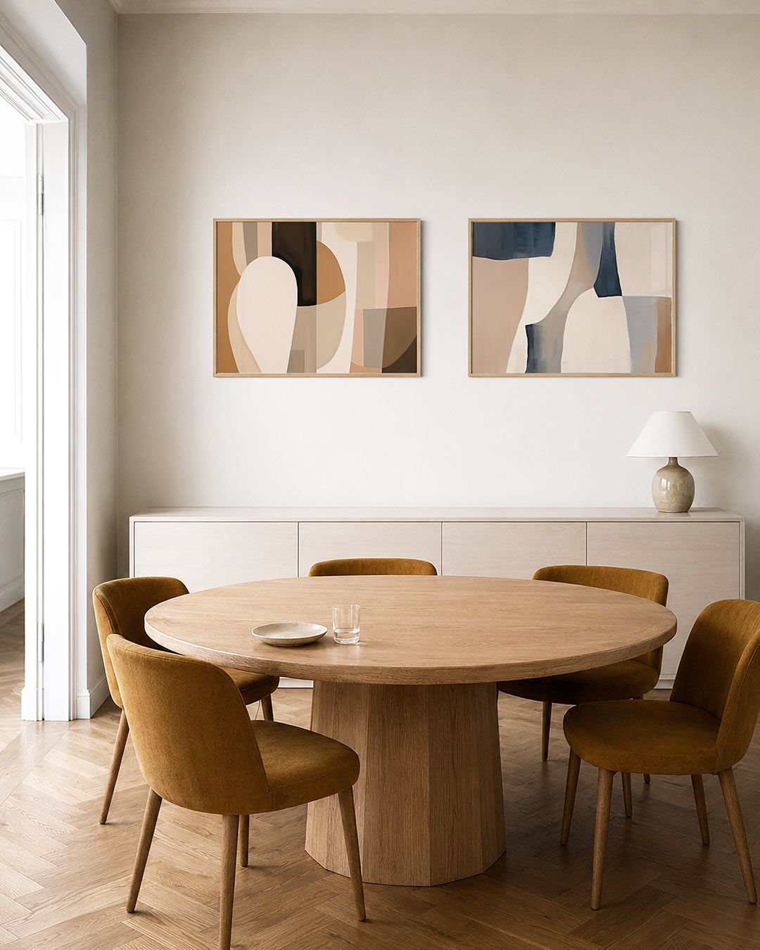 Tweedelige posterset met zachte, aardse tinten en vloeiende vormen, getoond in een interieur