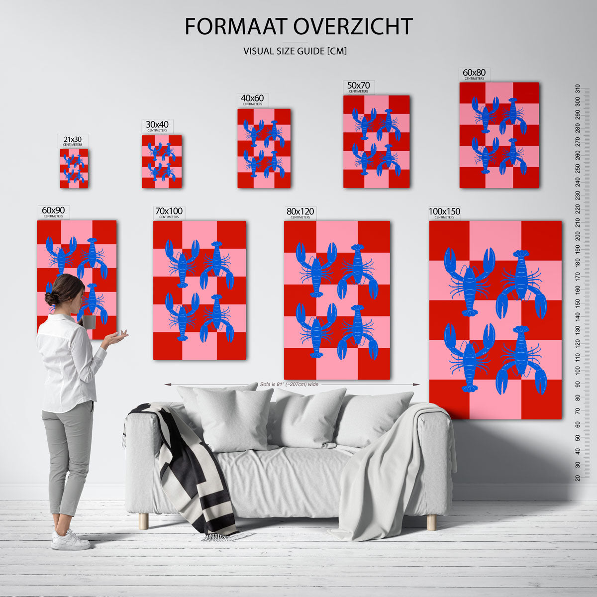 Blauwe kreeften op geruite achtergrond Poster