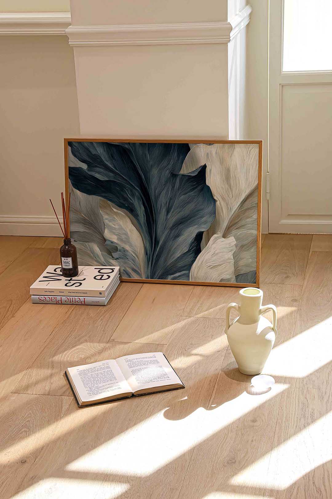 Bladeren in blauw en beige Poster