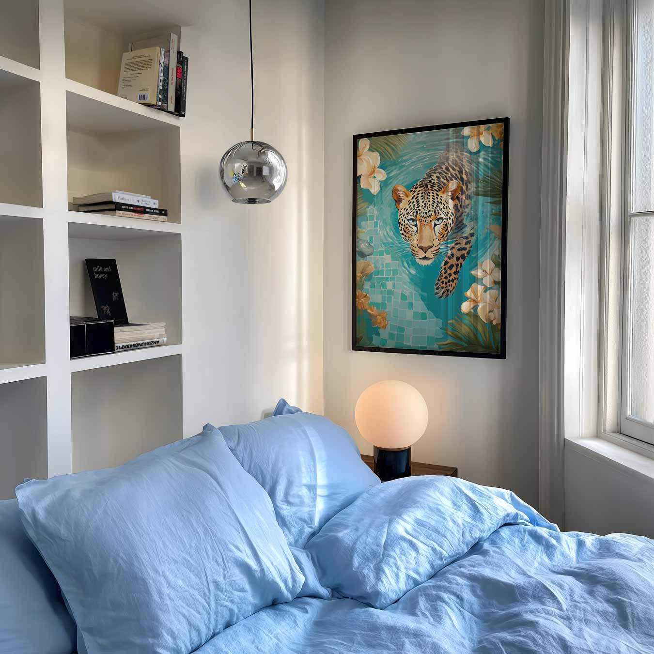 Dappere Luipaard in Paradijselijke Zwempartij Poster-WallArtistic