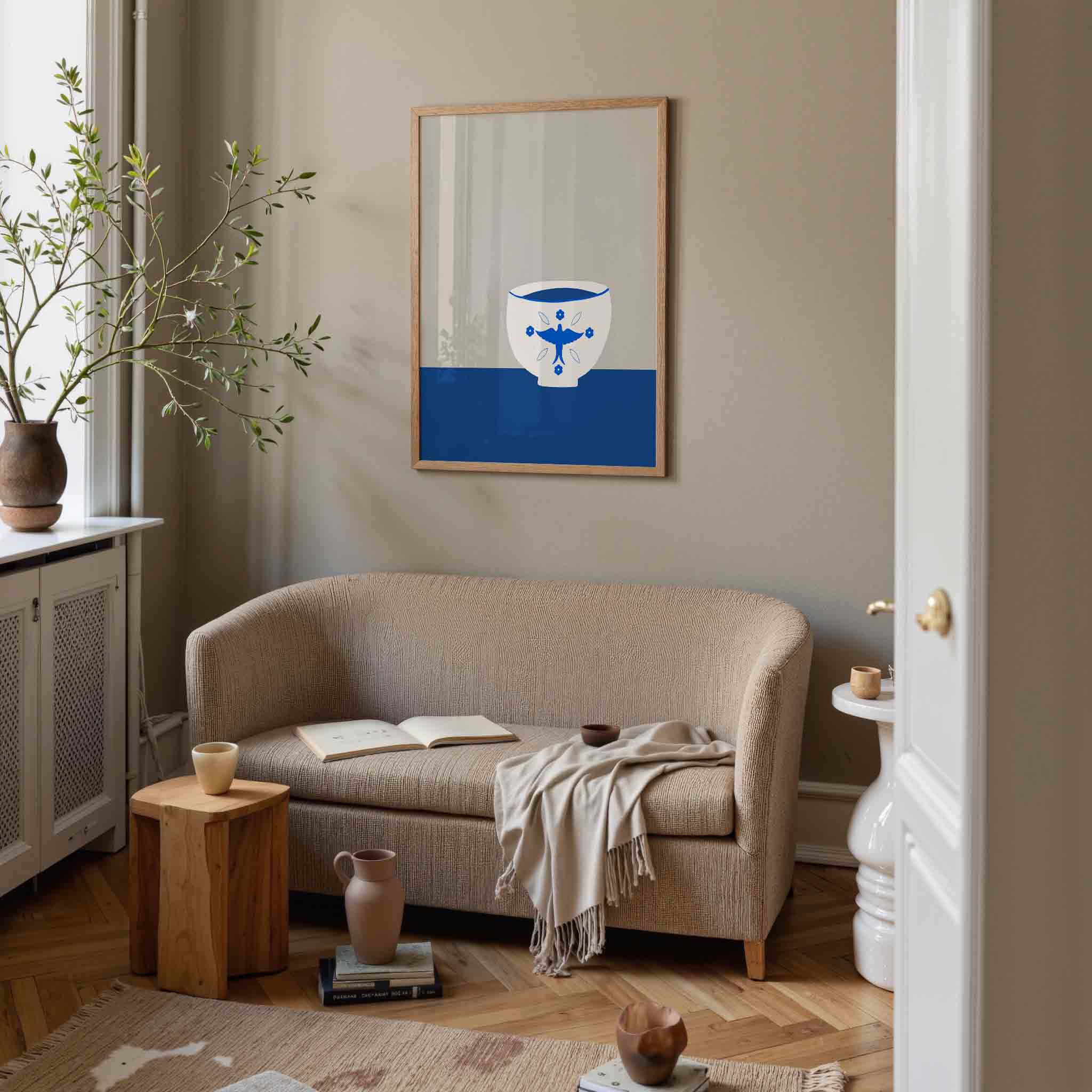Witte kom met blauwe vogel Poster