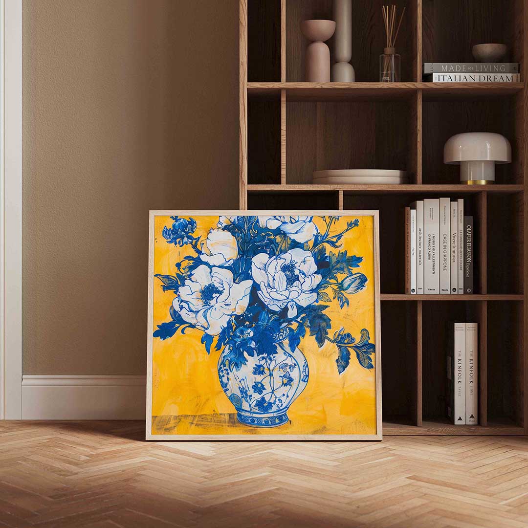 Blauwe bloemen in vaas Poster