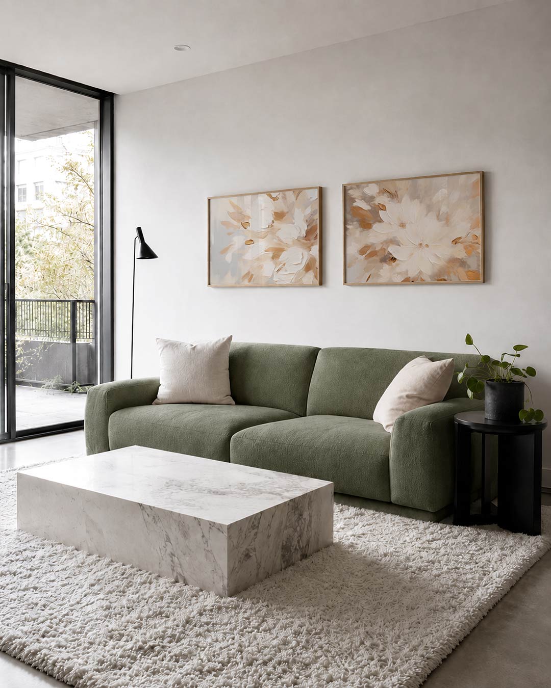 Interieurpresentatie van twee posters met vloeiende vormen in zachte beige en witte tinten