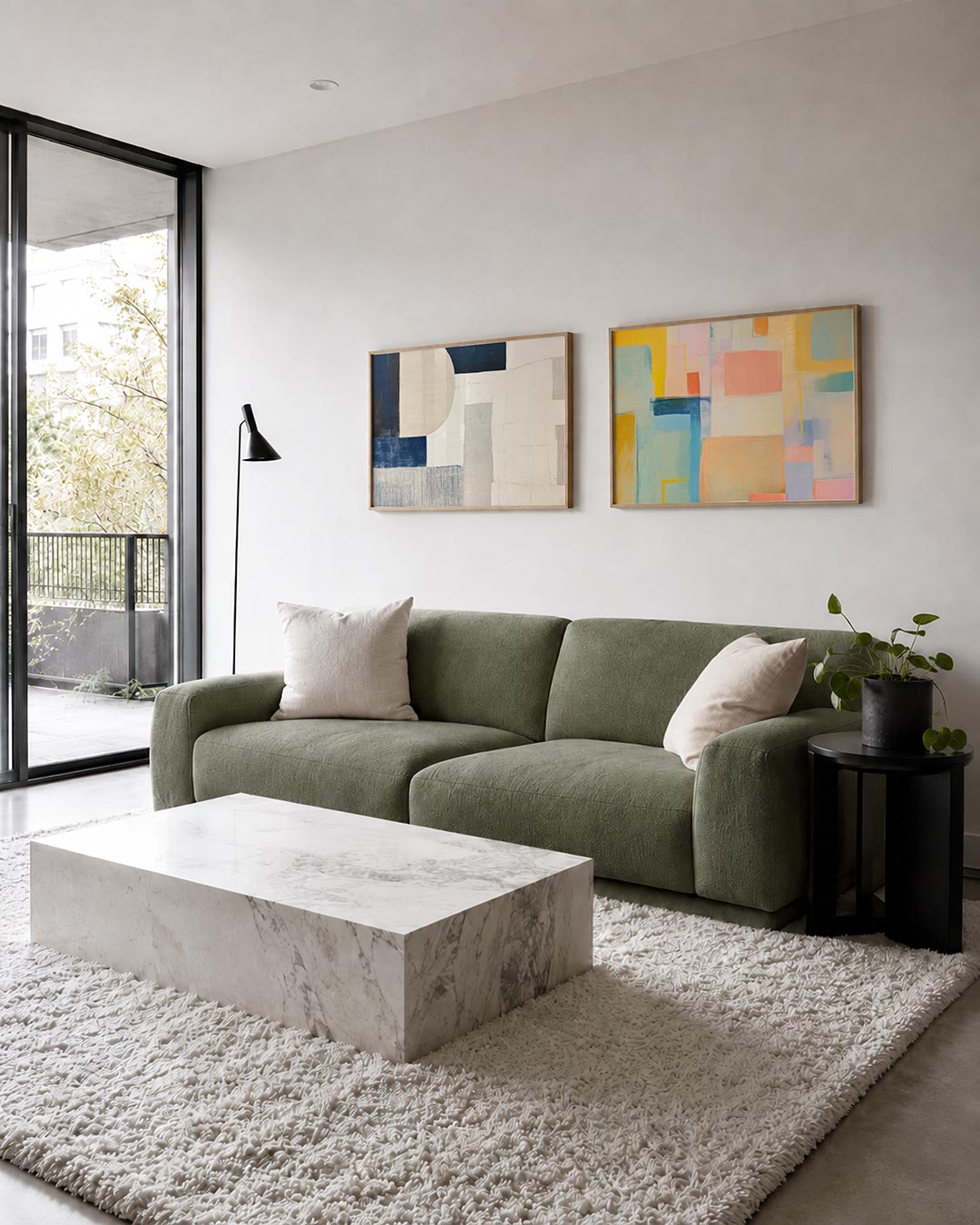 Tweedelige posterset met een spel van rechthoeken en halve cirkels in blauw en beige, getoond in een interieur