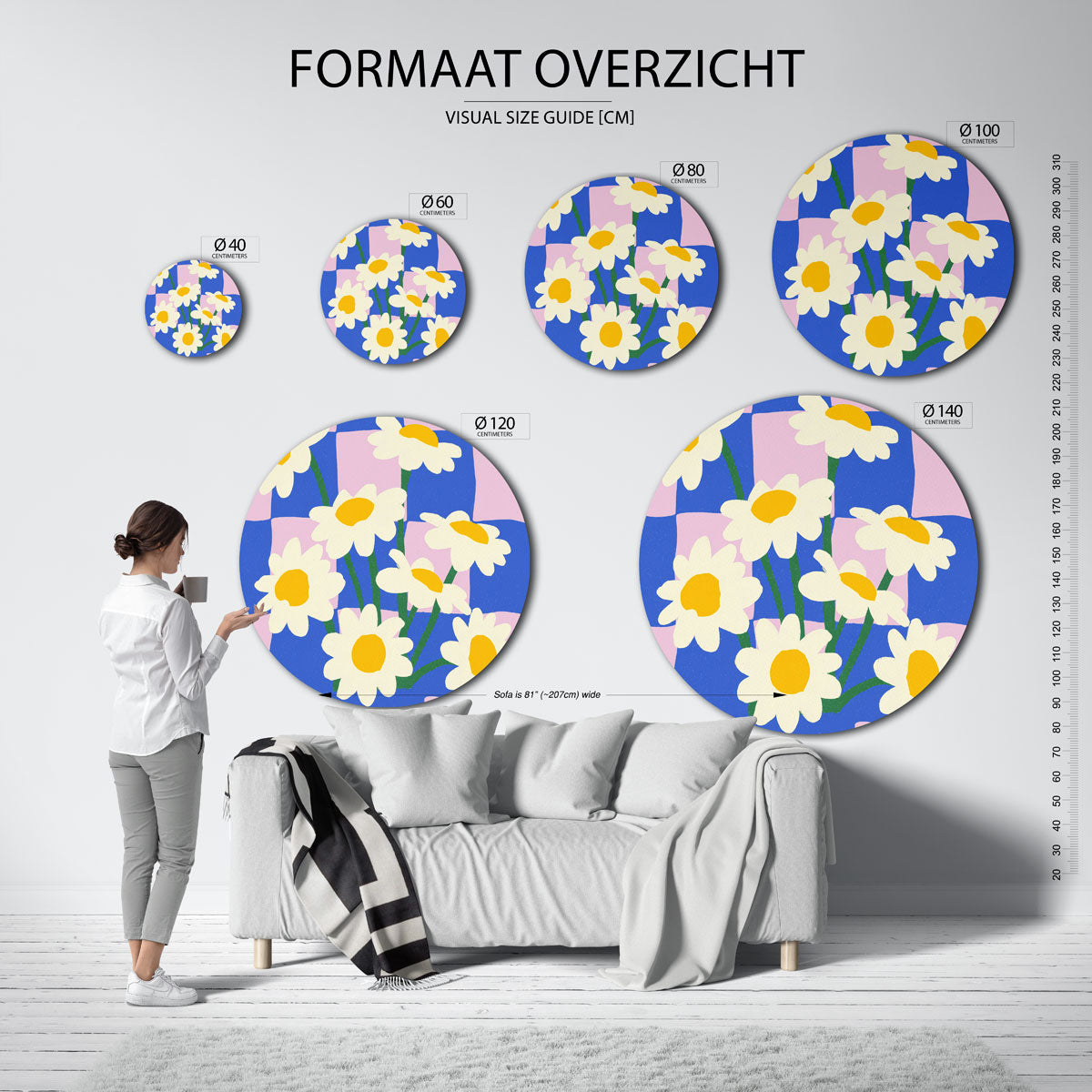 Madeliefjes op blauwe achtergrond Muurcirkel