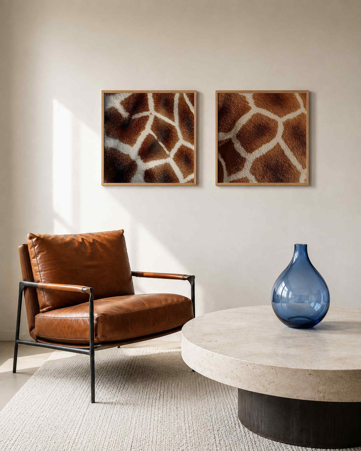 Interieurpresentatie van een tweedelige vierkante posterset met koeienvacht