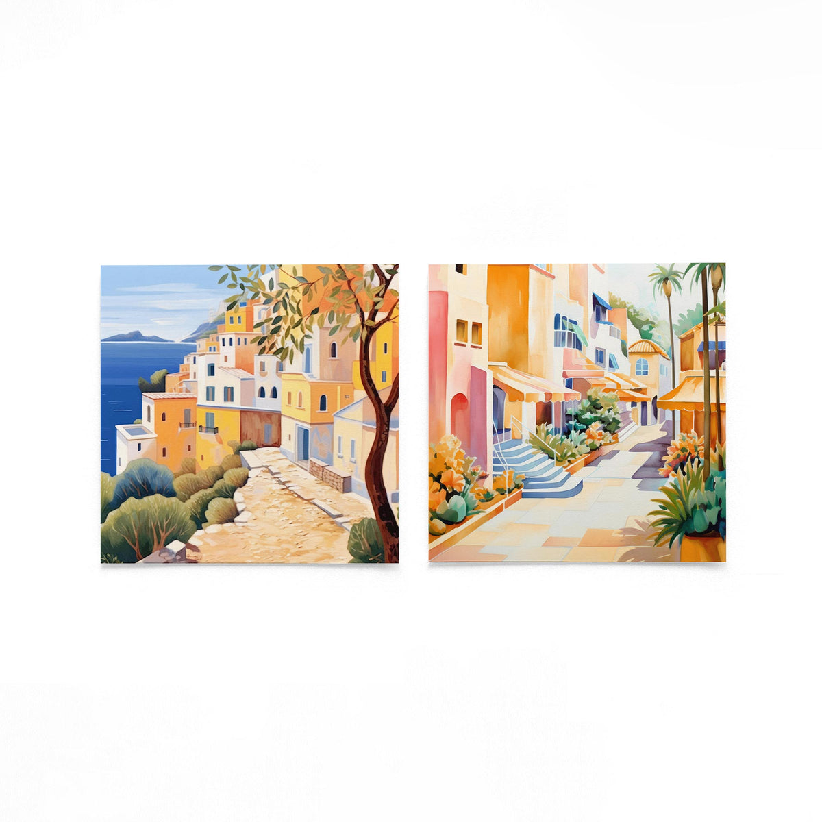 Twee vierkante posters met kustdorp en straat poster set op een gebroken witte achtergrond