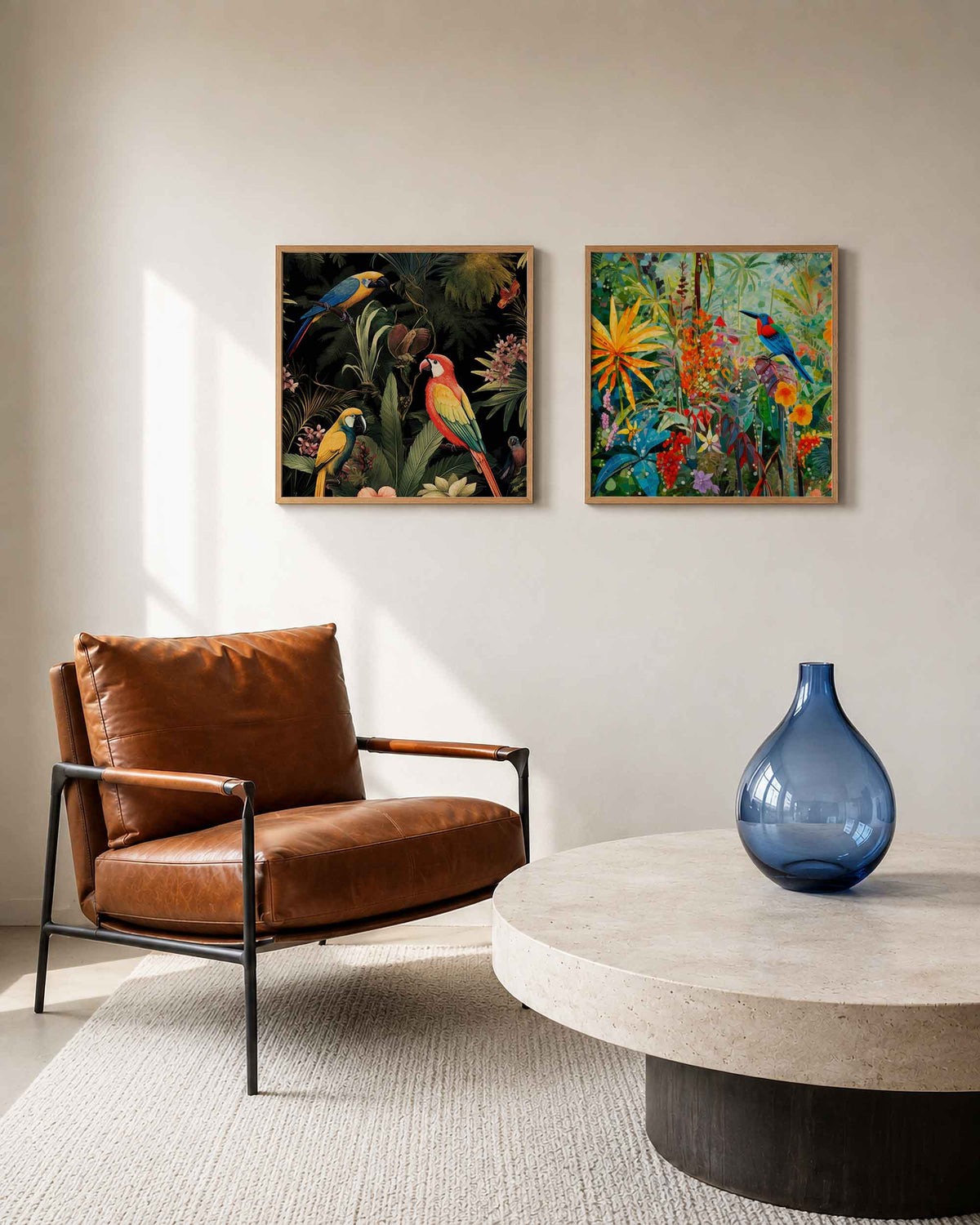 Interieurpresentatie van een tweedelige vierkante posterset met tropische vogels