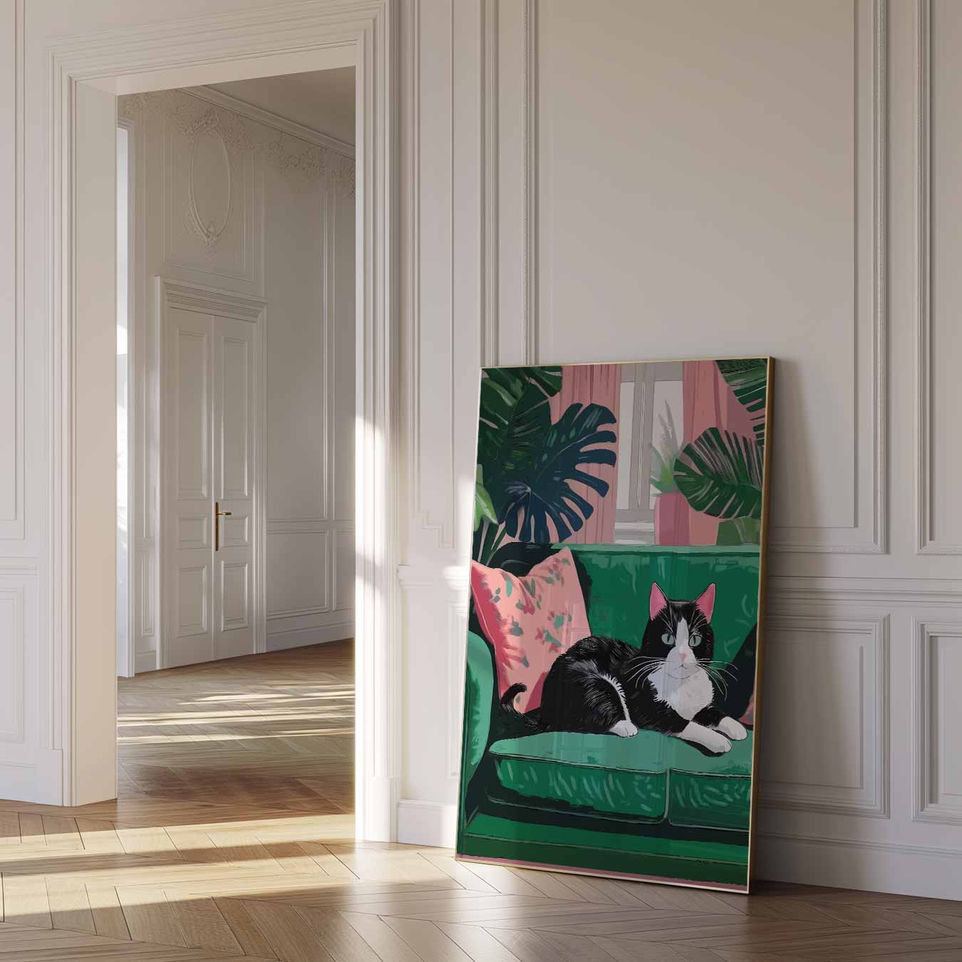 Kat op Groene Bank Poster-WallArtistic