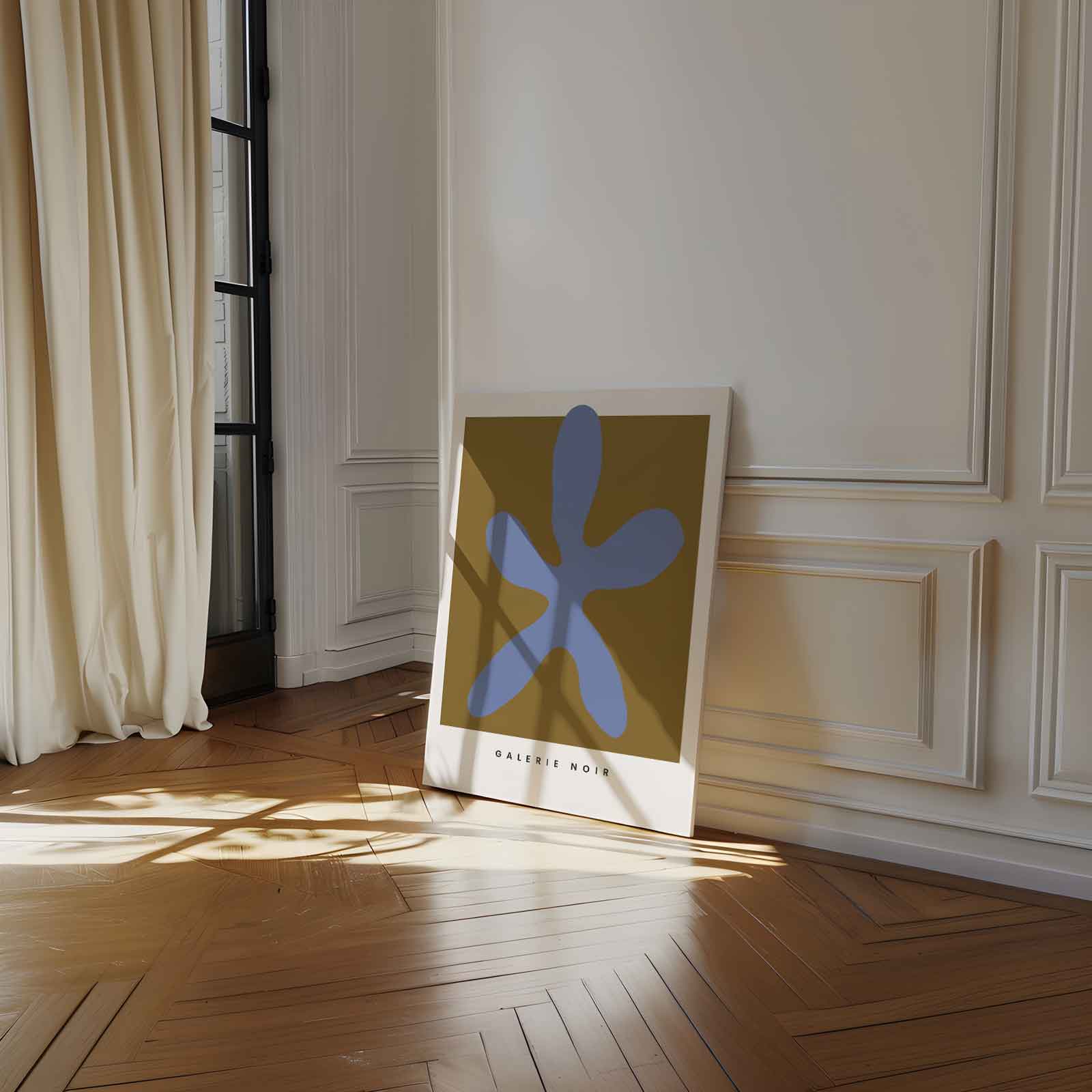 Blauwe Abstracte Vormen op Oker Kunstwerk-canvas-dibond-plexiglas-wanddecoratie-WallArtistic