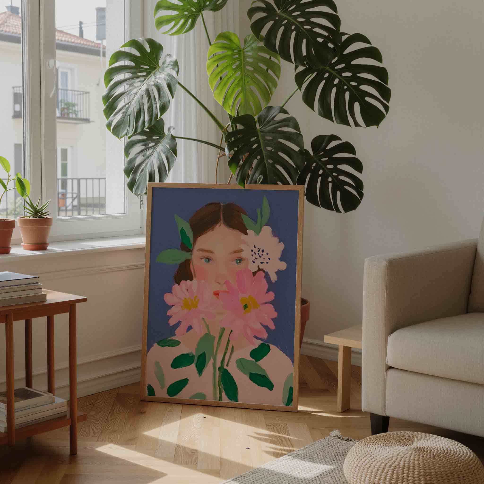 Bloemen en gezicht Poster
