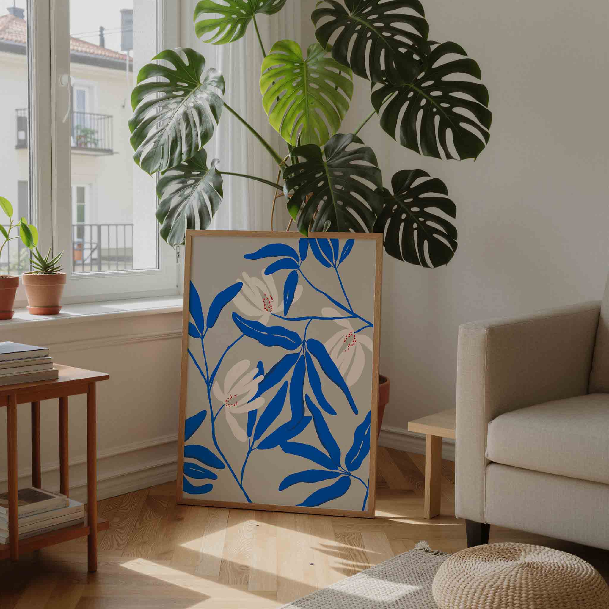 Blauwe bladeren en bloemen Poster