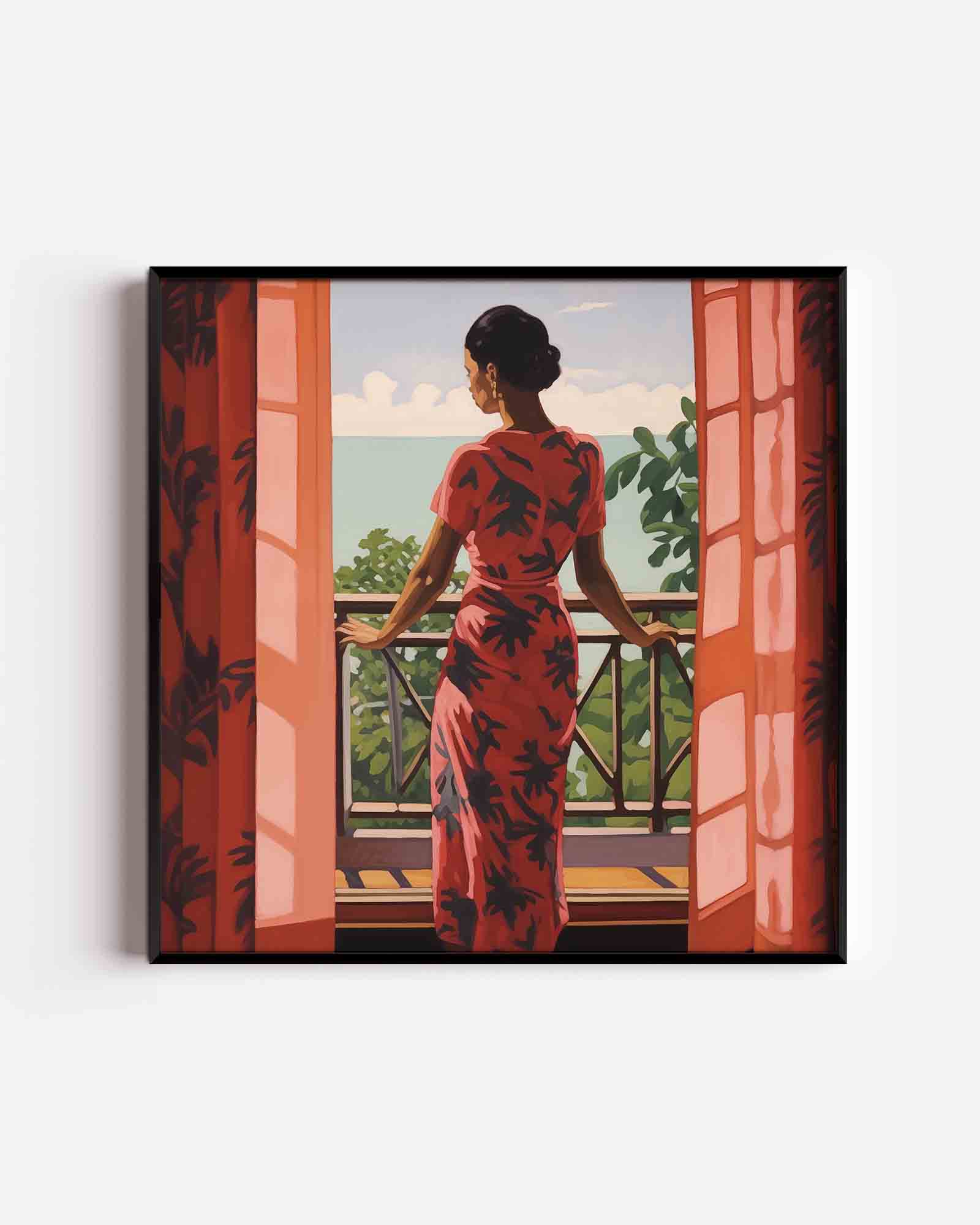Vrouw op balkon Poster