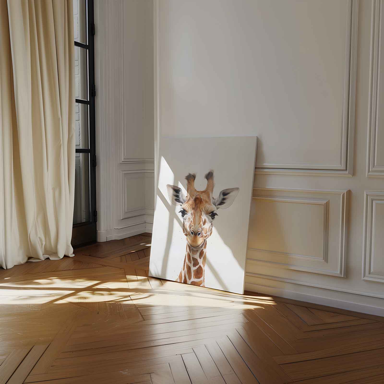 Vrolijke Giraffe Portret Kunstwerk-canvas-dibond-plexiglas-wanddecoratie-WallArtistic