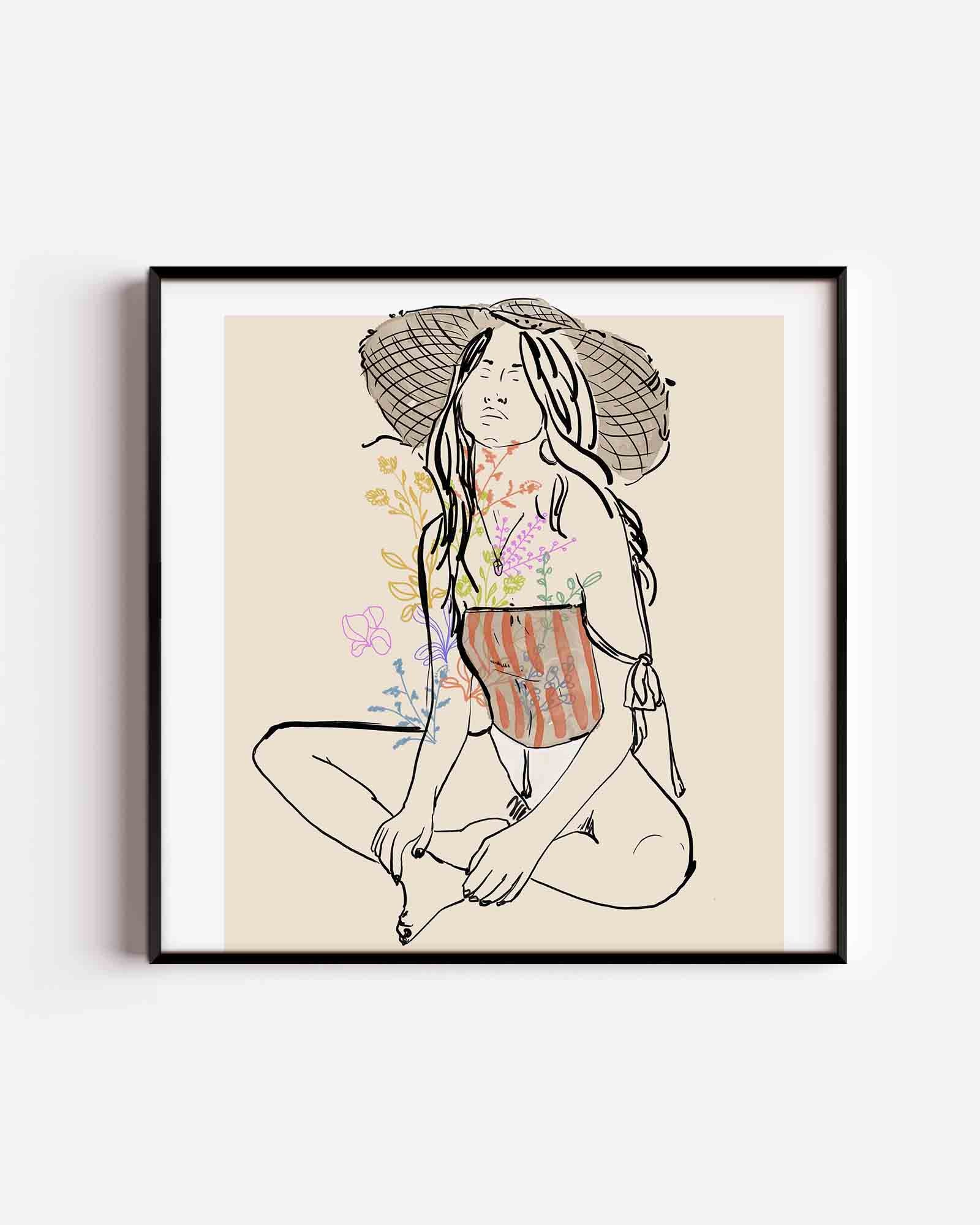 Zittende vrouw met bloemen Poster