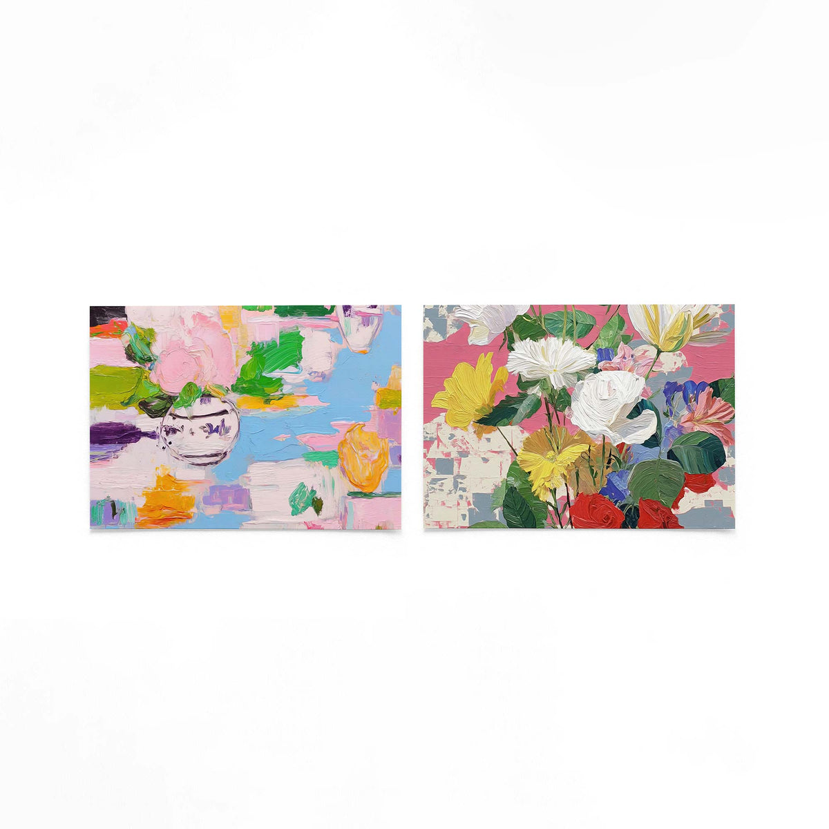 Twee liggende posters met kleuren en vormen op een gebroken witte achtergrond