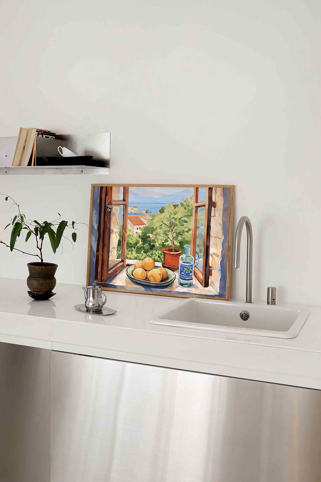 Uitzicht met citrus en fles Poster