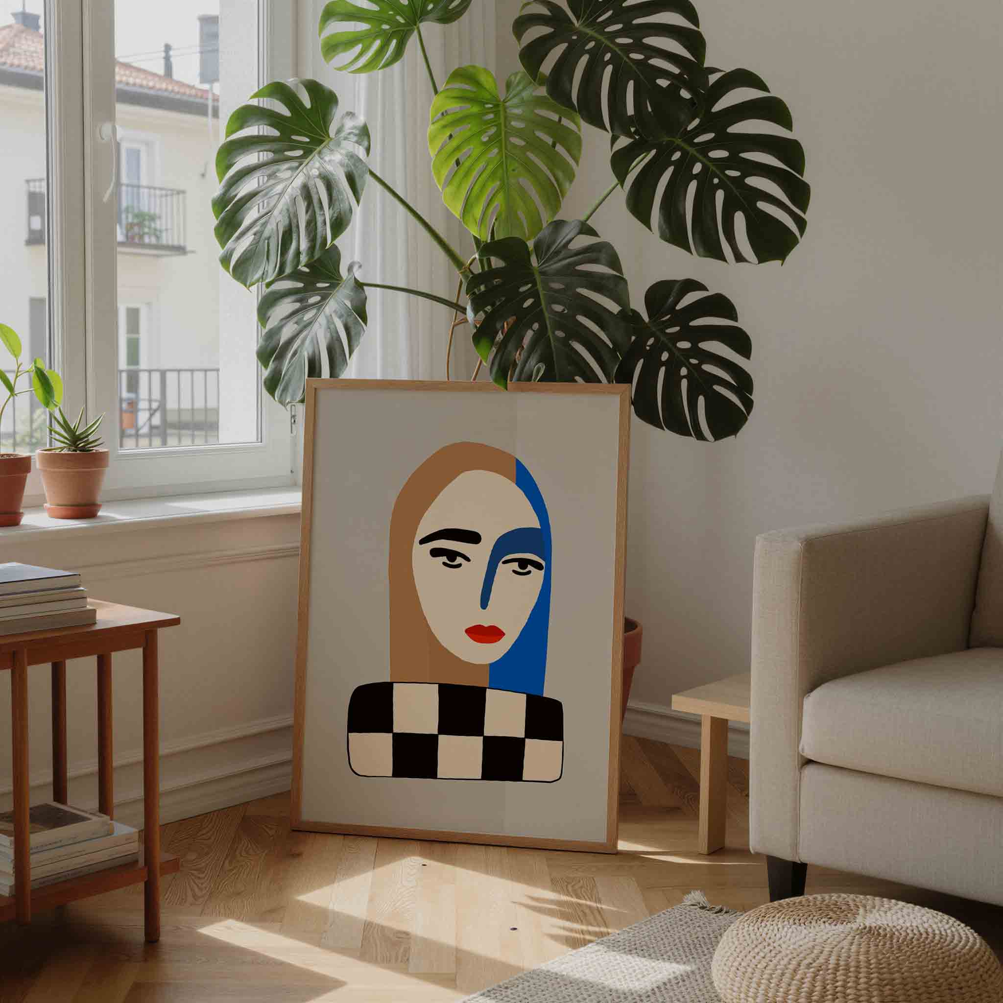 Gezicht met blauwe streep Poster