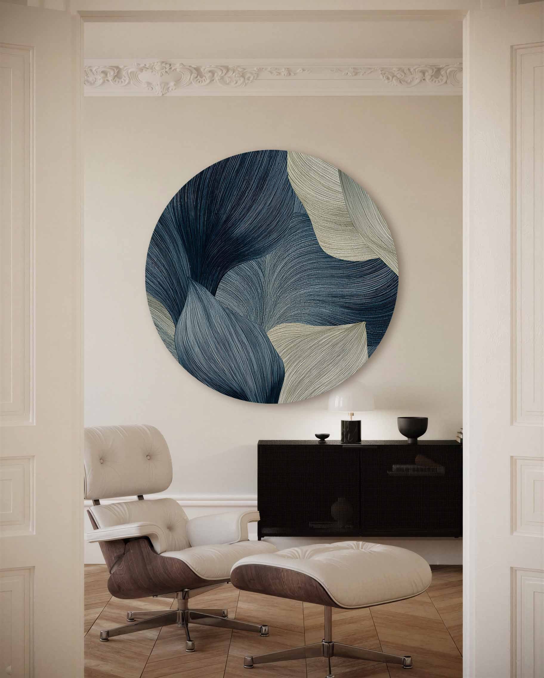 Bladmotief in blauw en beige Muurcirkel