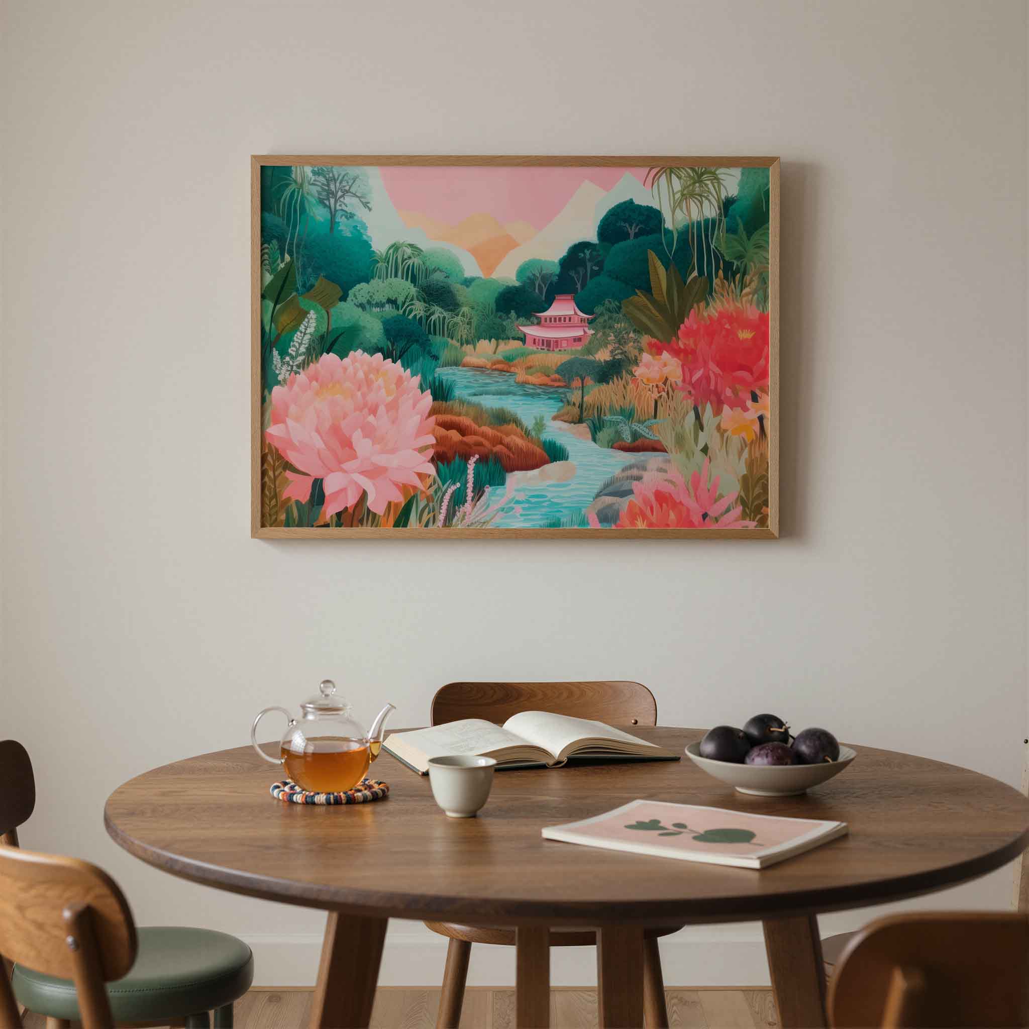 Serene landschap met tempel Poster
