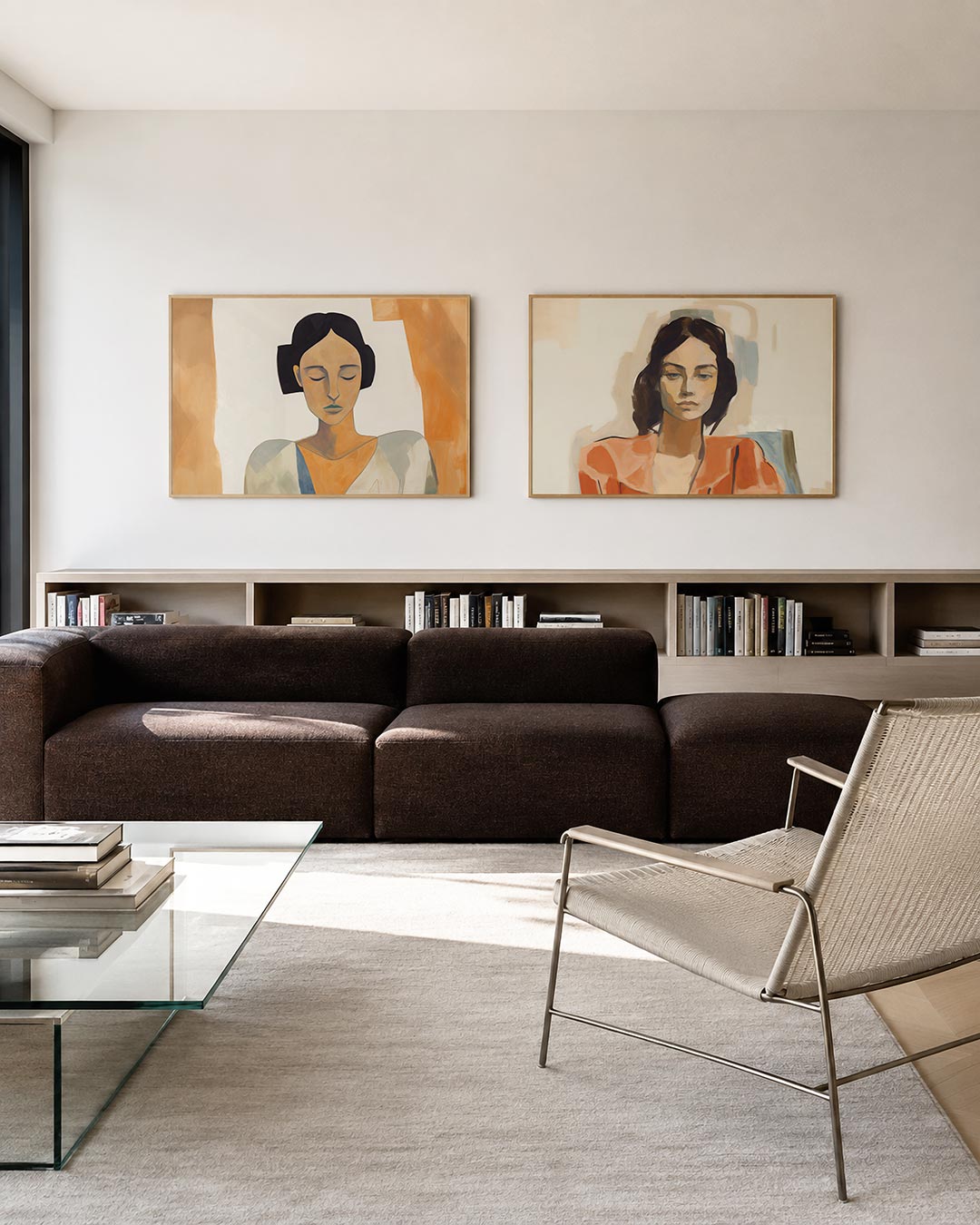 Interieurpresentatie van twee posters met een serene compositie met zachte, aardse tinten