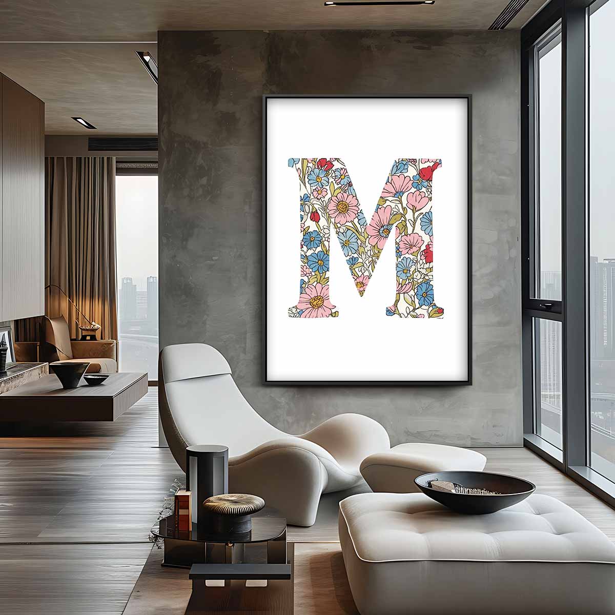 Bloemenpatroon Muurdecoratie Letter M Kunstwerk-canvas-dibond-plexiglas-wanddecoratie-WallArtistic
