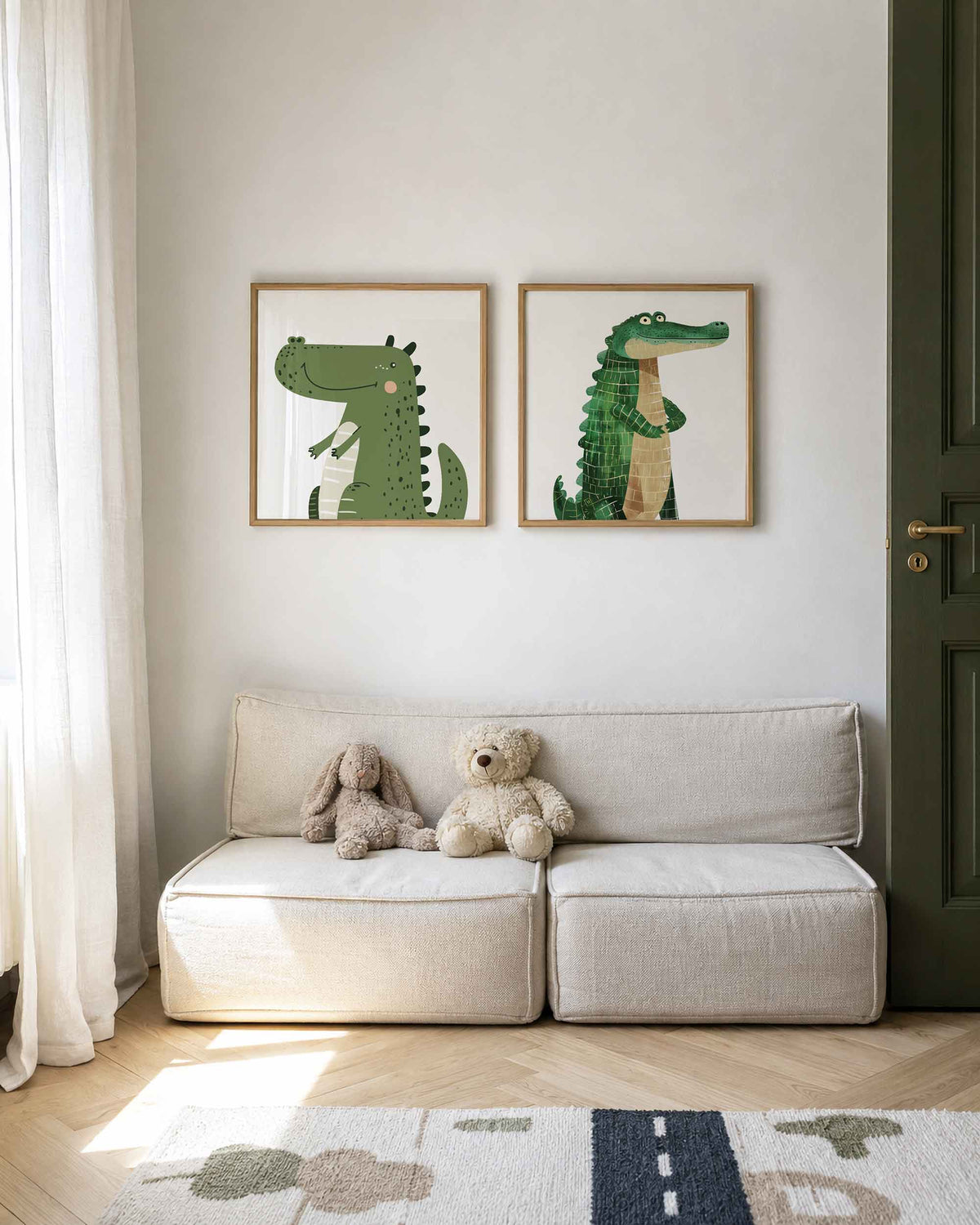 Interieurpresentatie van een tweedelige vierkante posterset met krokodillen