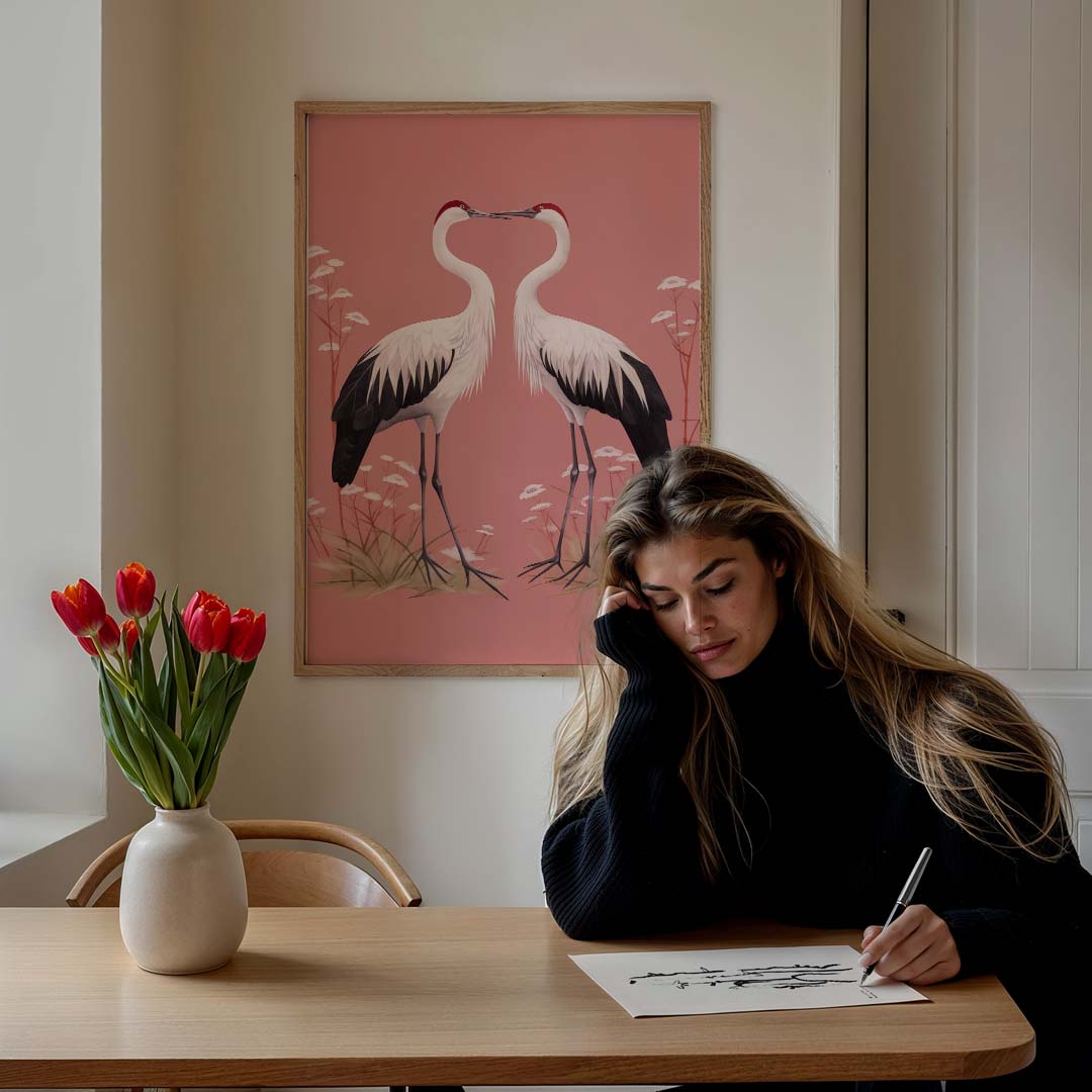 Elegante Kraanvogels op Roze Achtergrond Poster-WallArtistic