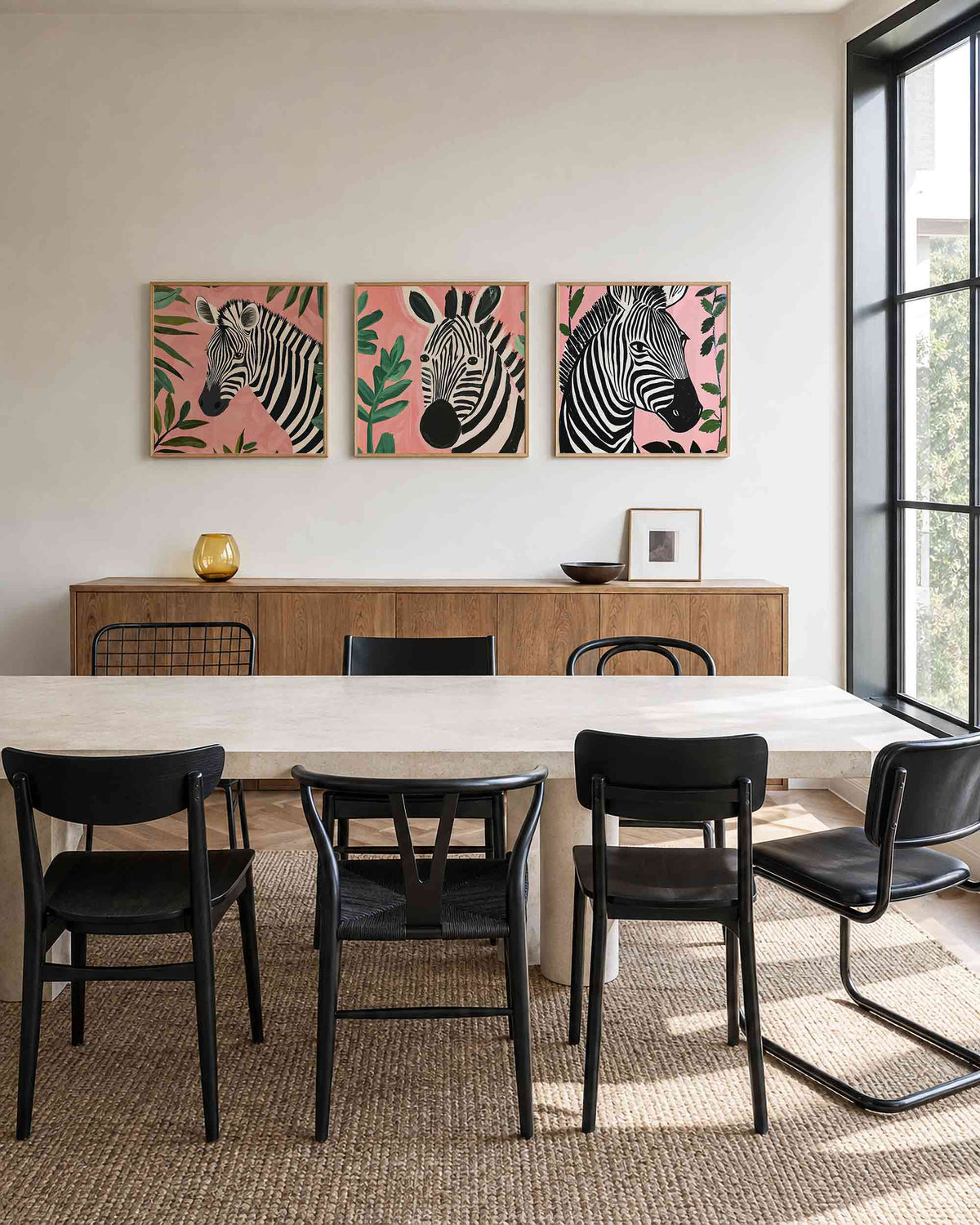 Interieurpresentatie van een driedelige vierkante posterset met zebra portretten