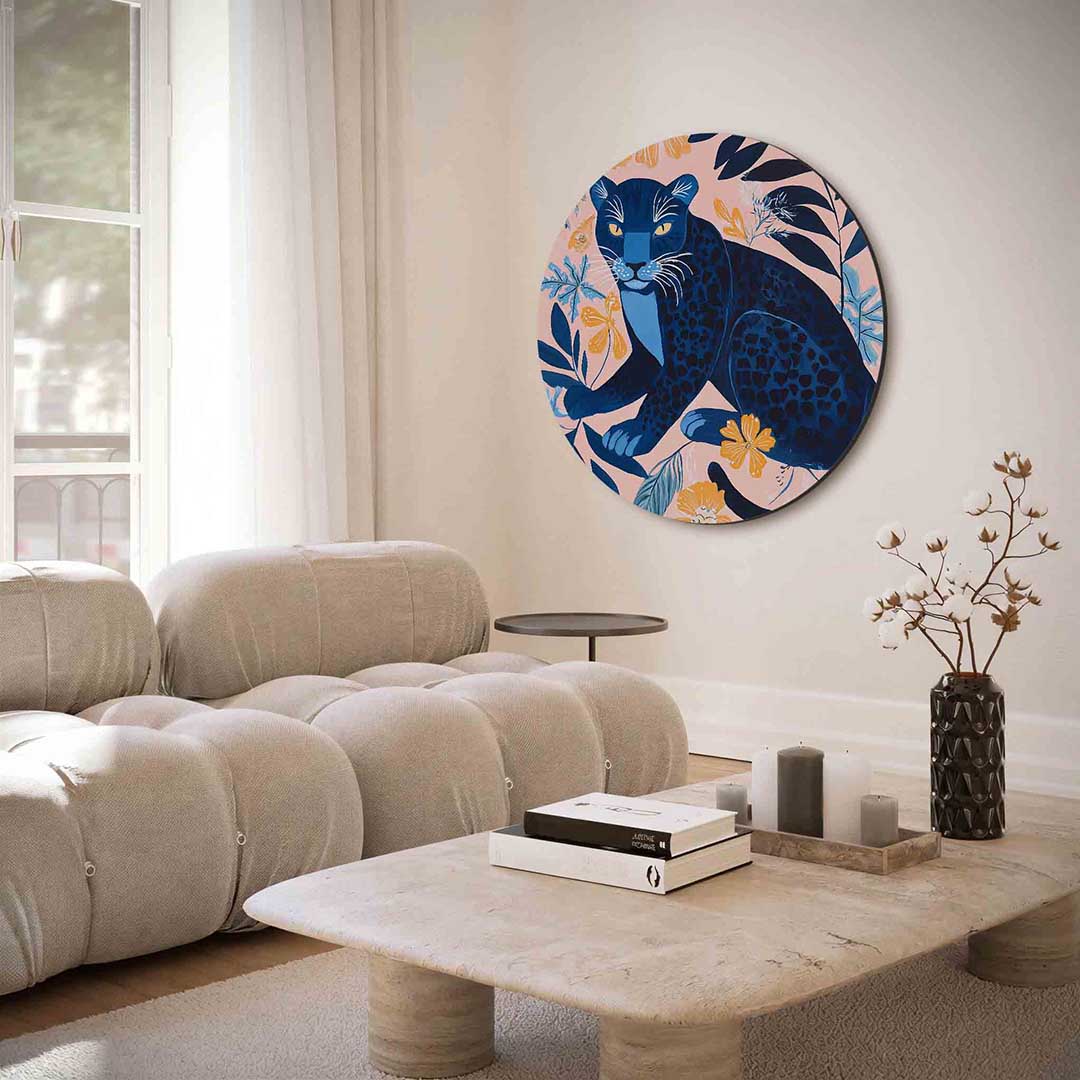 Blauwe panter met bloemen Muurcirkel