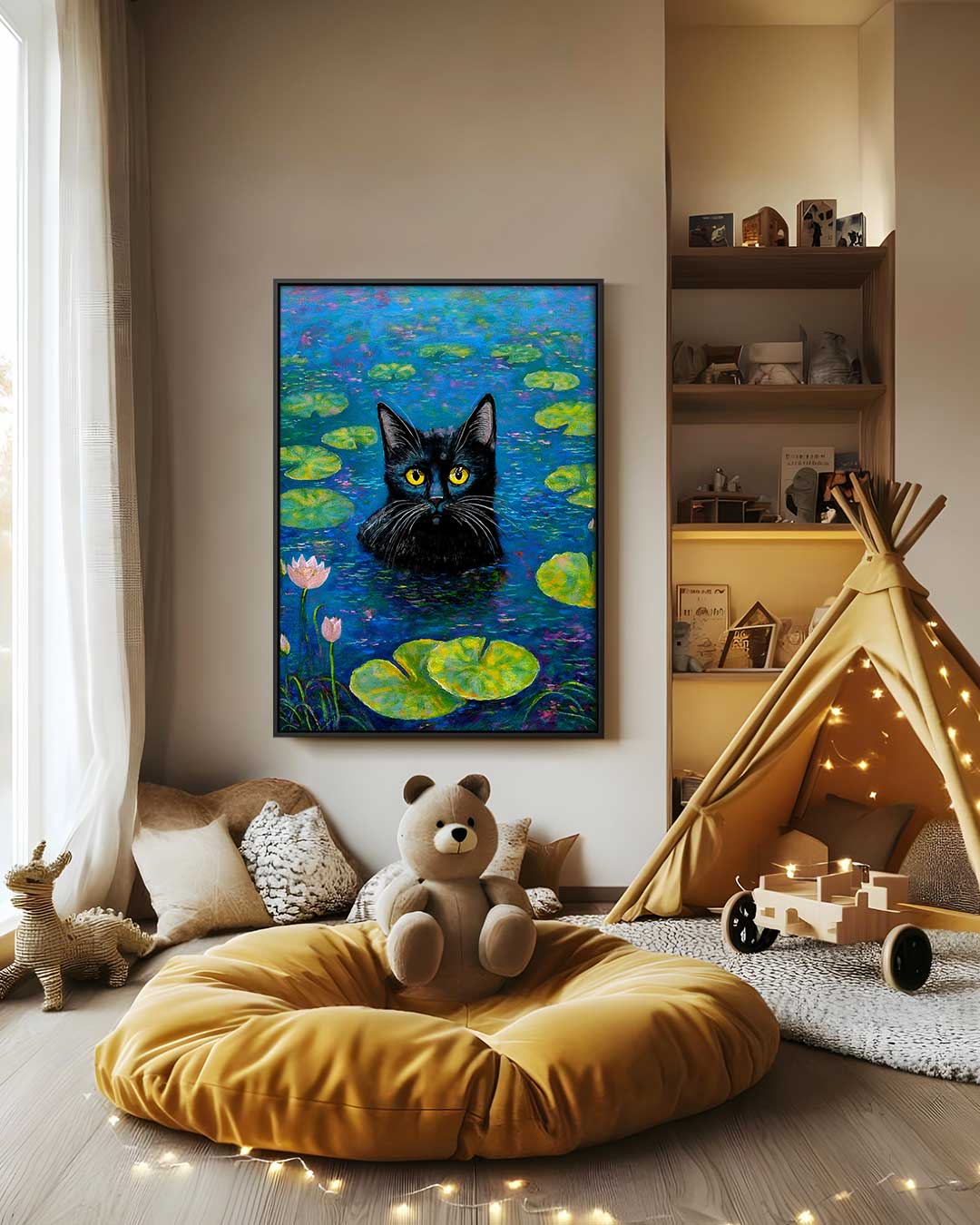 Katze im Seerosen-Kunstwerk