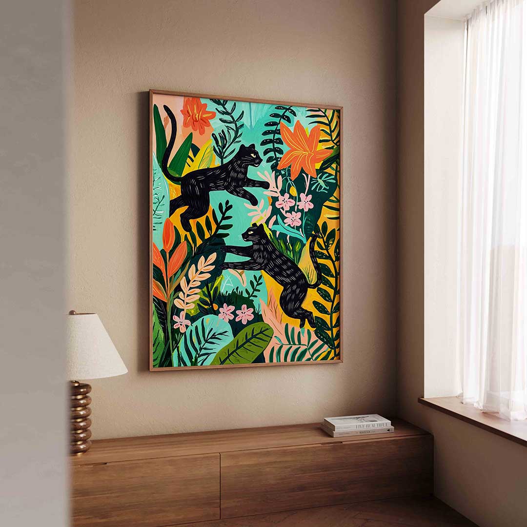 Zwarte panters en bloemen Poster