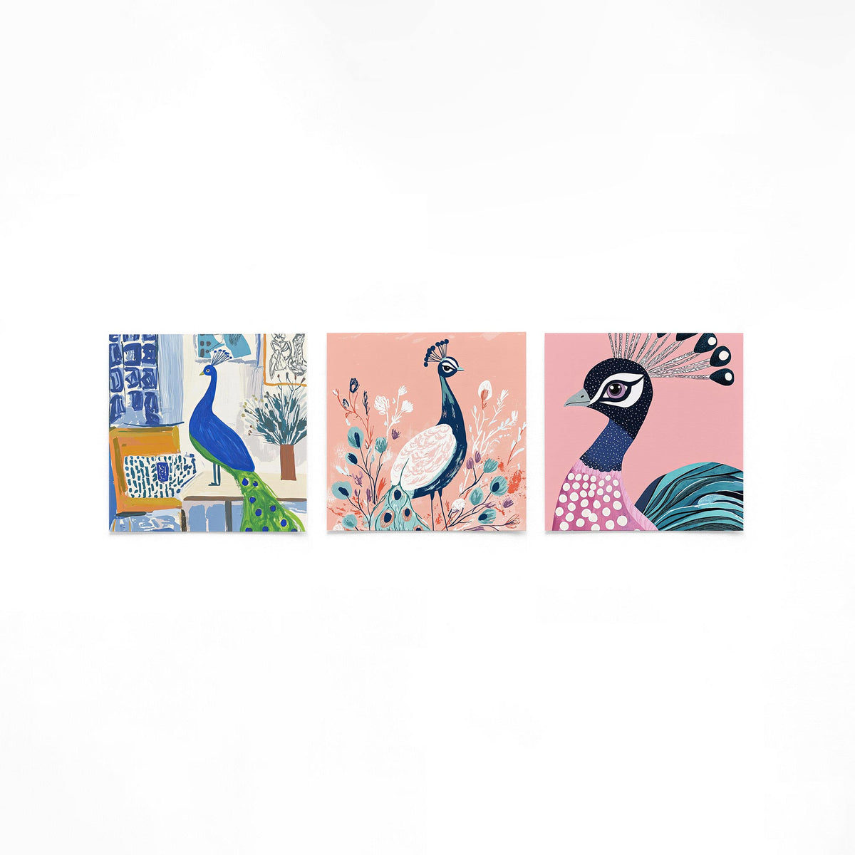 Drie vierkante posters met pauw illustraties op een gebroken witte achtergrond