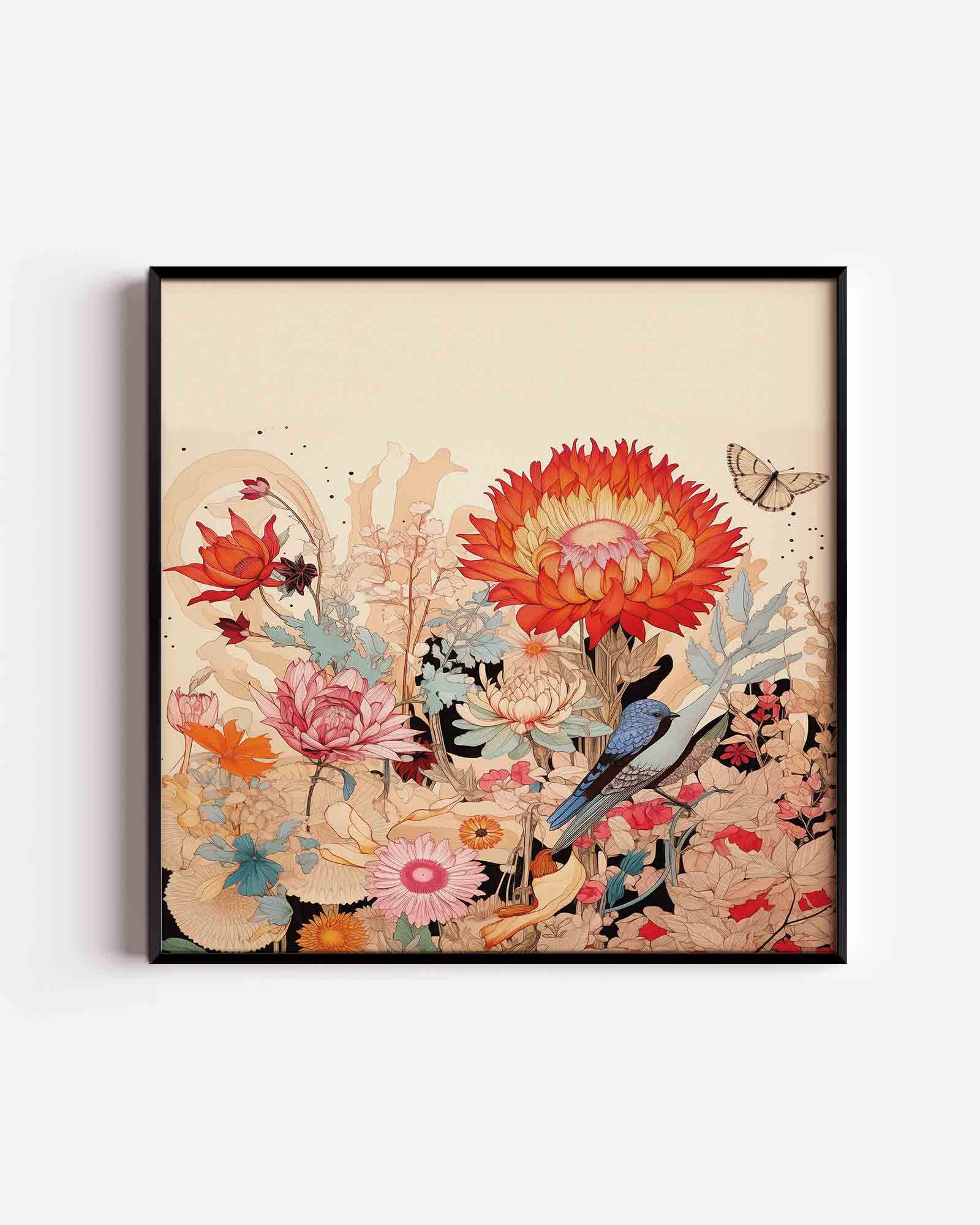 Bloemen en vogel Poster