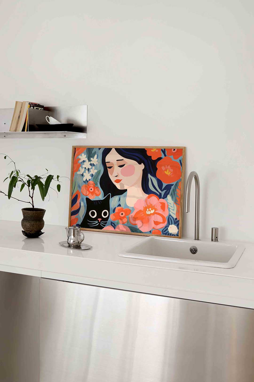 Vrouw met kat en bloemen Poster