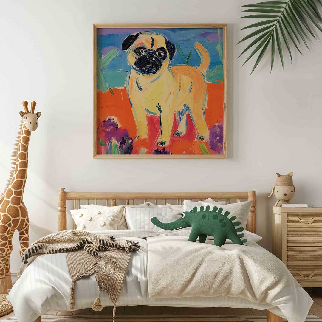 Mopshond op kleurrijke achtergrond Poster