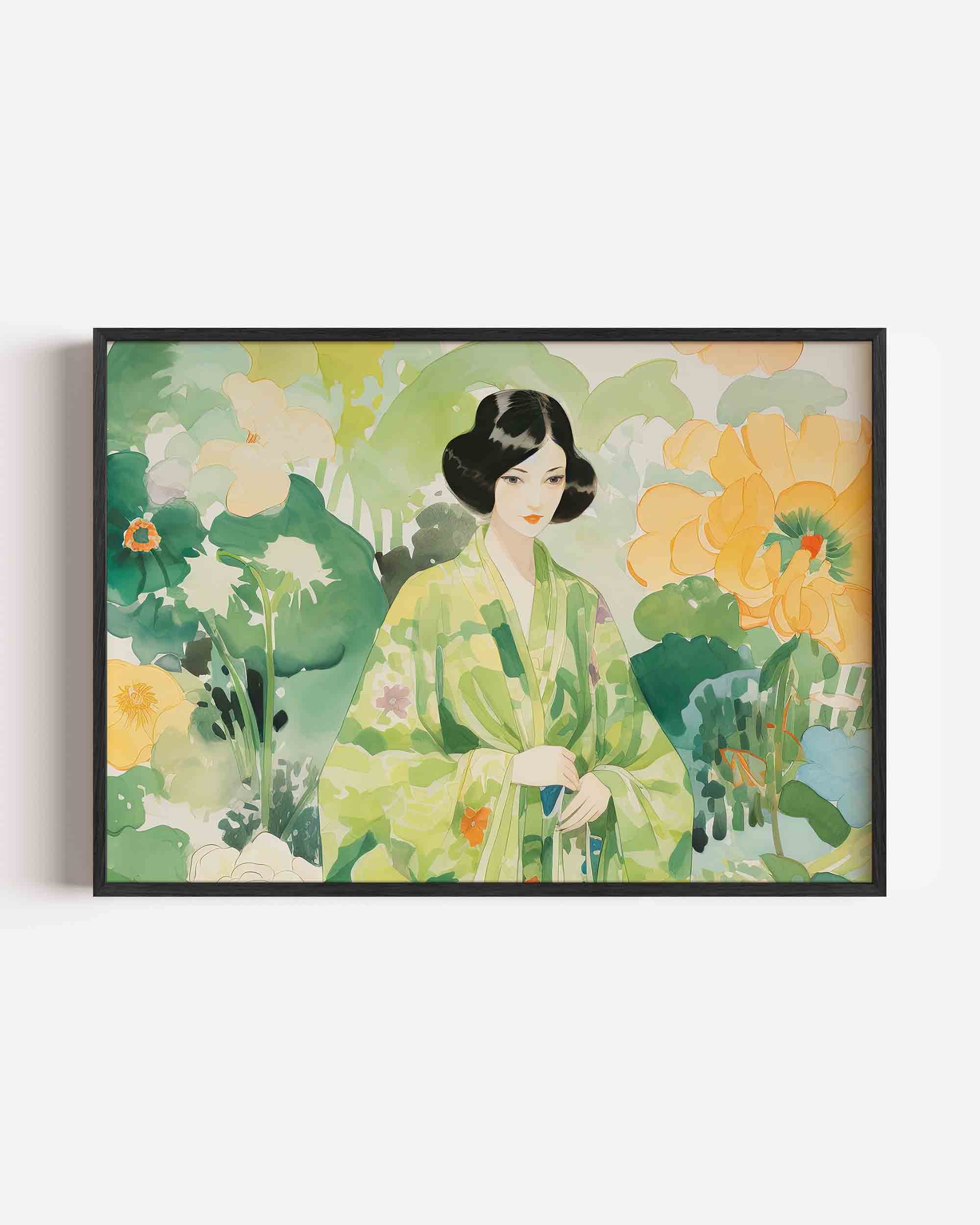 Vrouw in groene kimono Poster