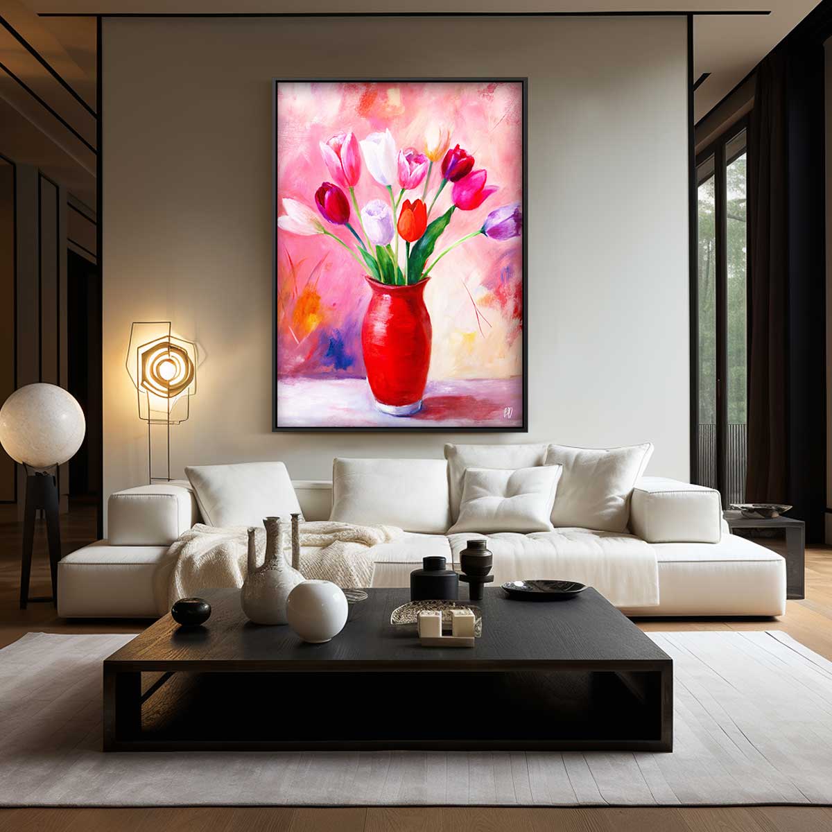 Kleurrijke Tulpen in Rode Vaas Kunstwerk-canvas-dibond-plexiglas-wanddecoratie-WallArtistic