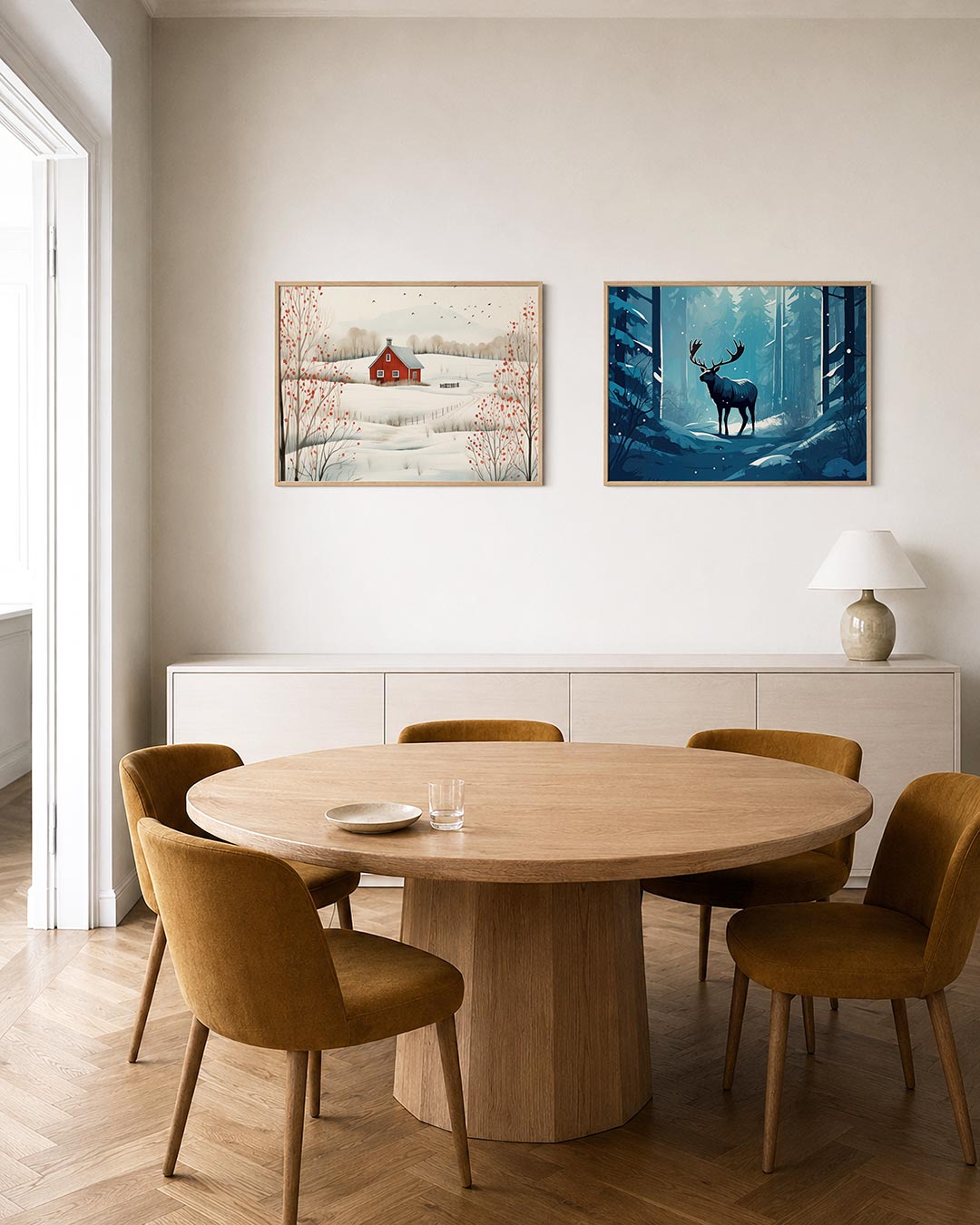 Interieurpresentatie van twee posters met een huisje centraal, in een besneeuwd landschap