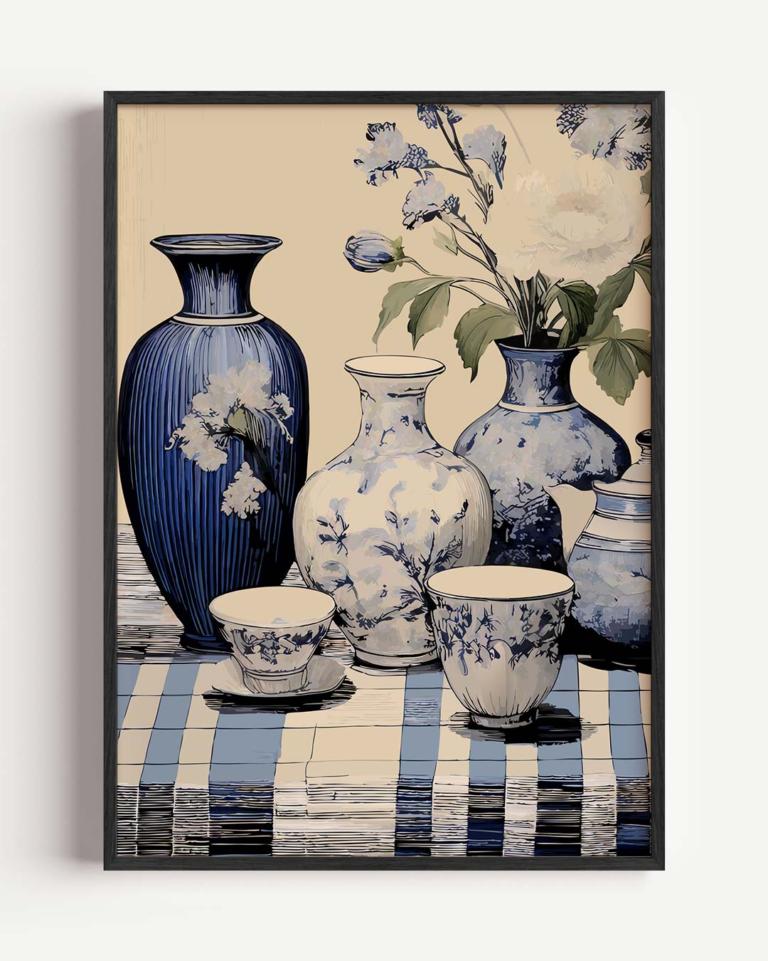 Elegant Blauwe Vaas Bloemen Poster-WallArtistic